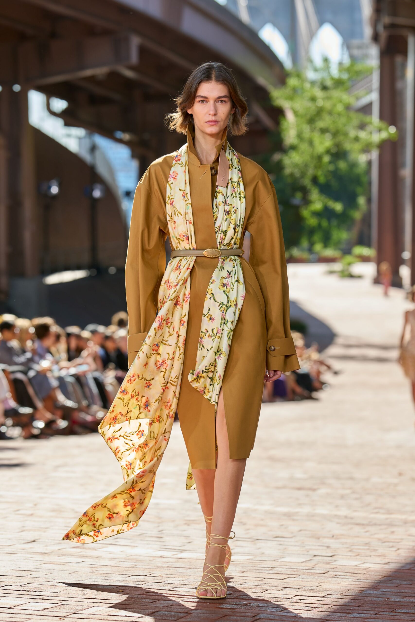 floral silk scarf belted midi dress
