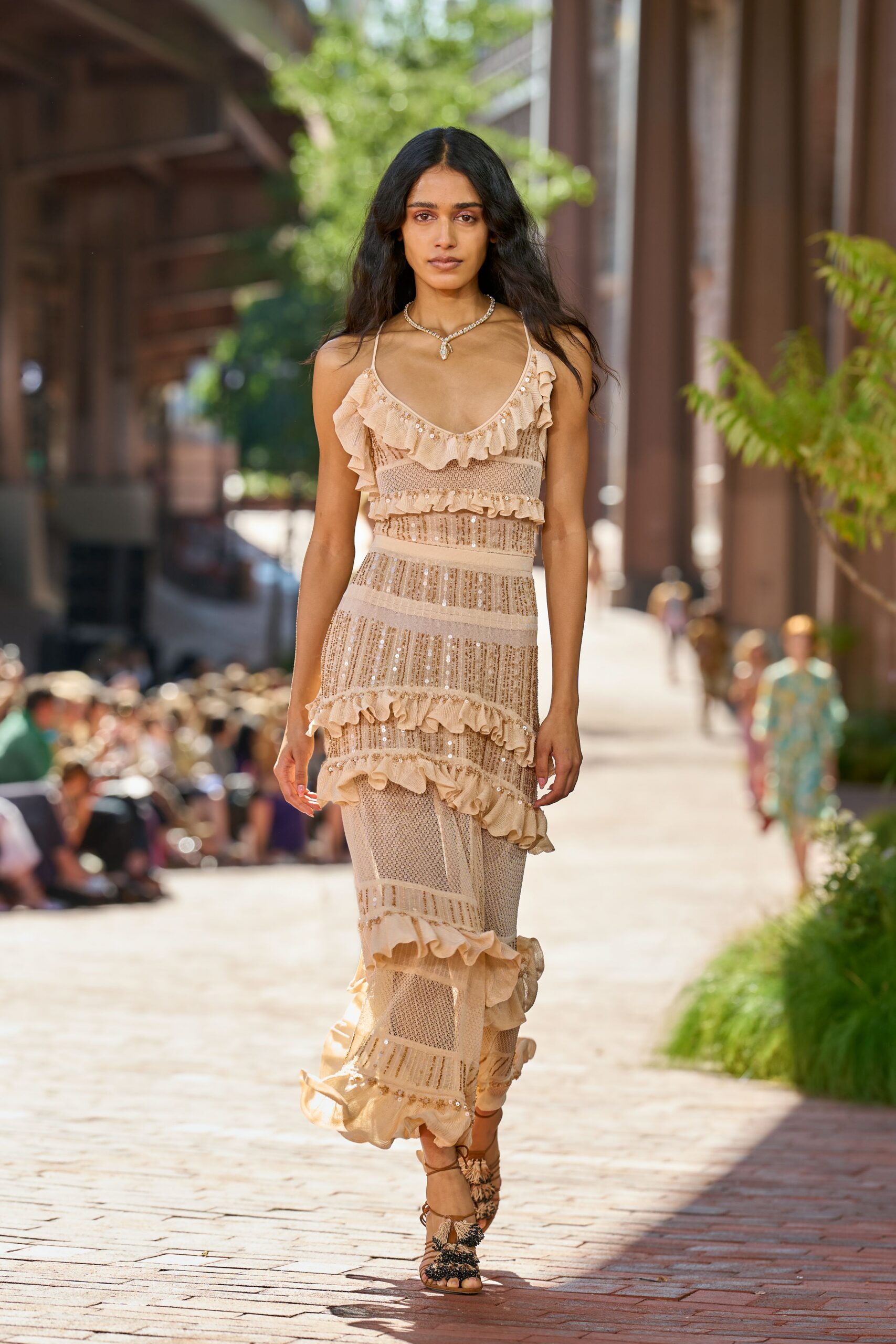 ruffled sequined sheer knit evening gown