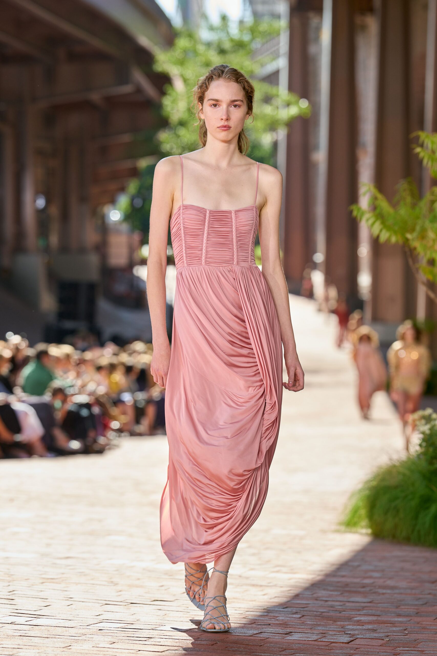 ruched pink spaghetti-strap maxi dress