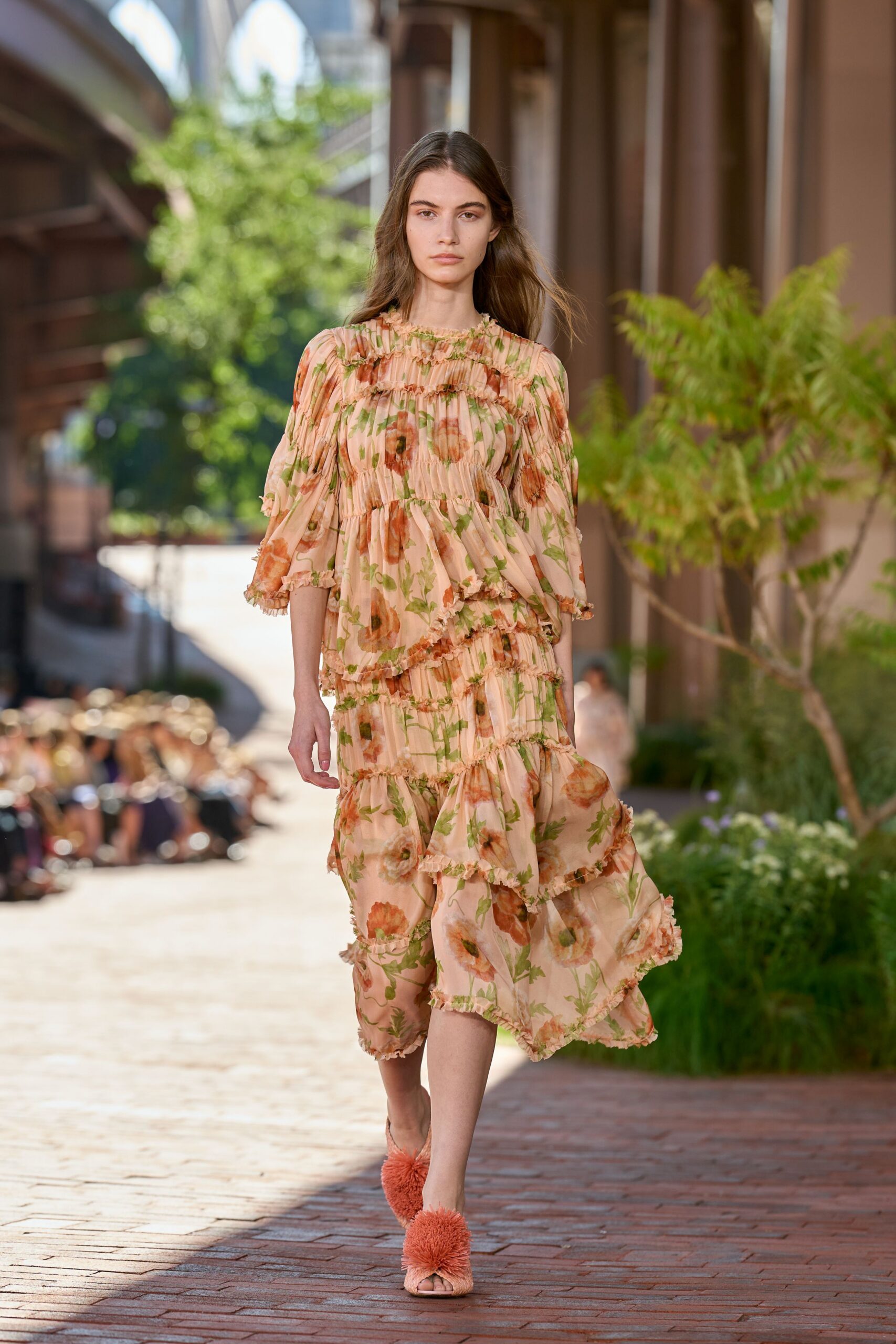 ruffled floral chiffon midi dress