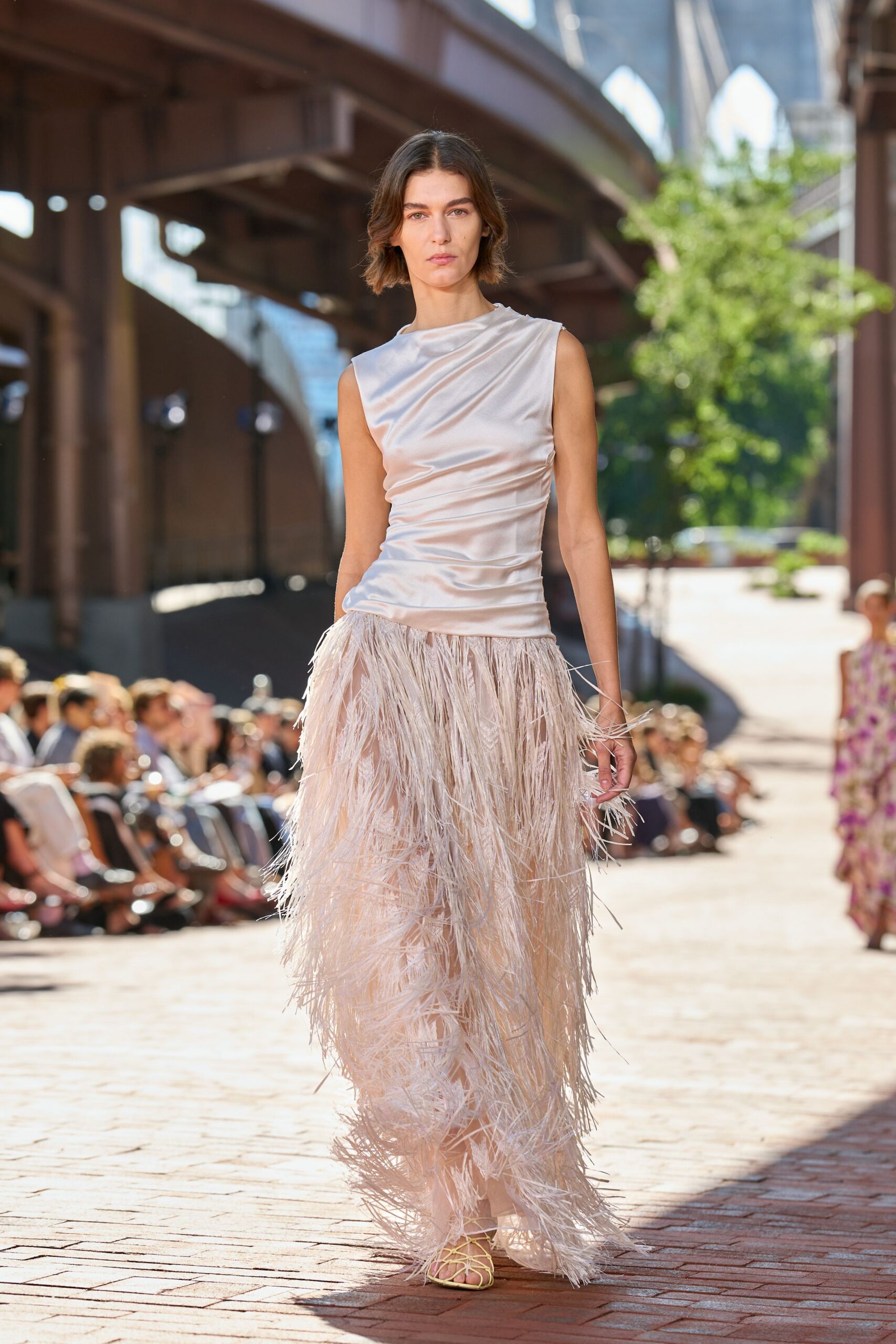 feather-trim satin evening gown