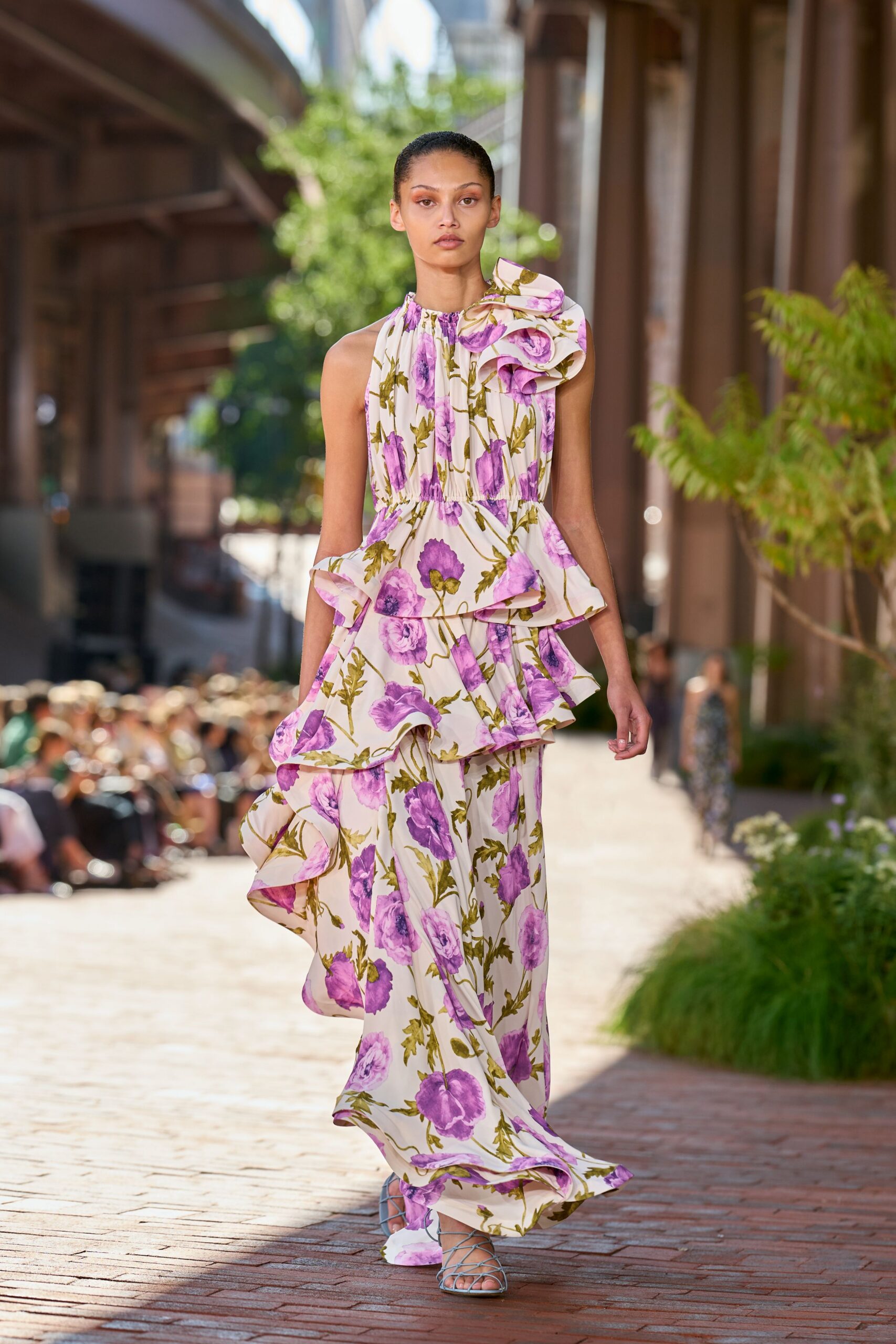 one-shoulder floral ruffle gown