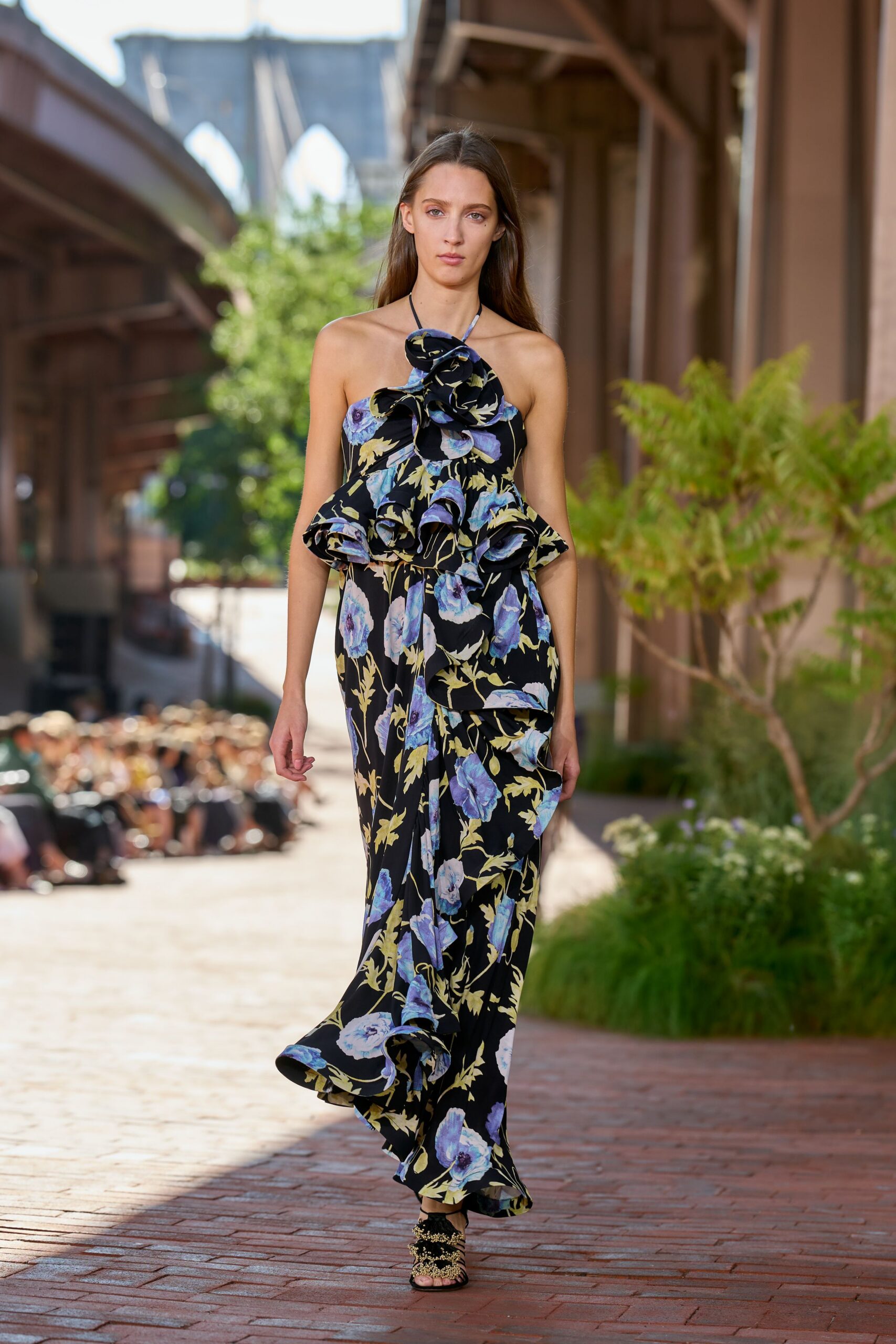 floral halter ruffled evening gown