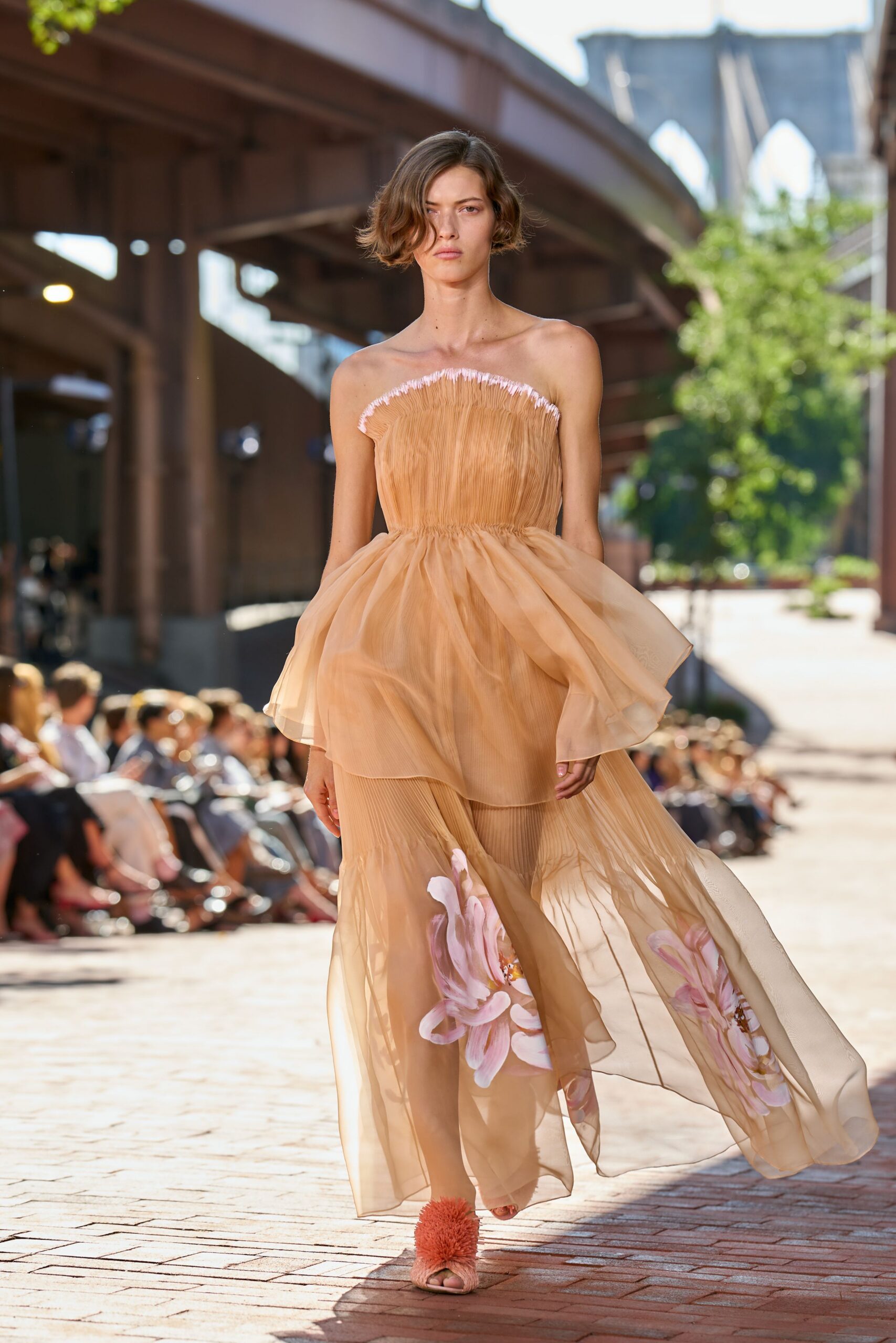 strapless floral organza evening gown