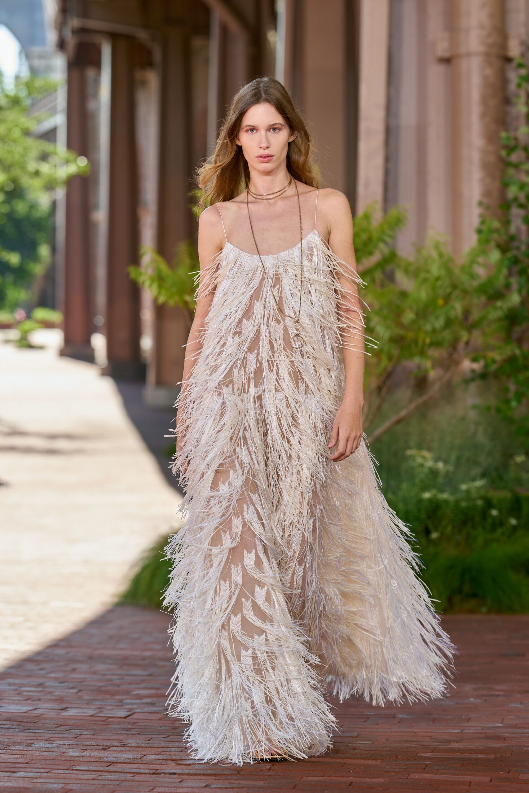 feathered sheer illusion evening gown