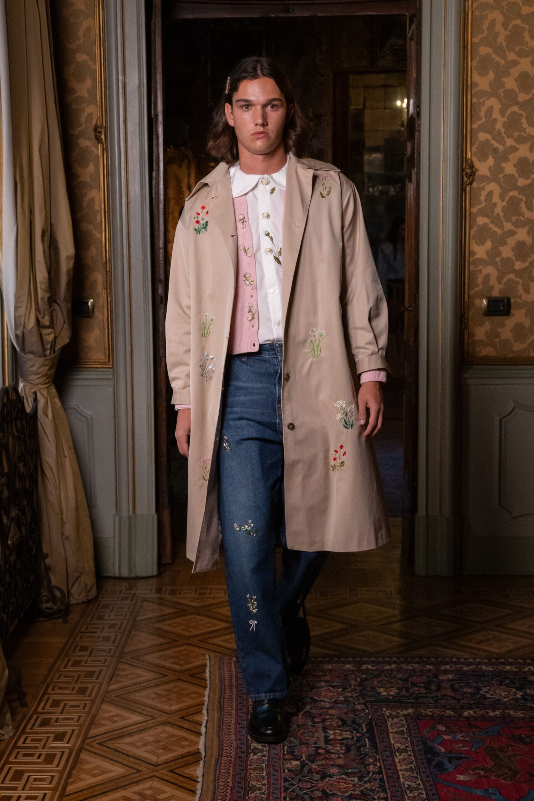 floral embroidered beige trench coat