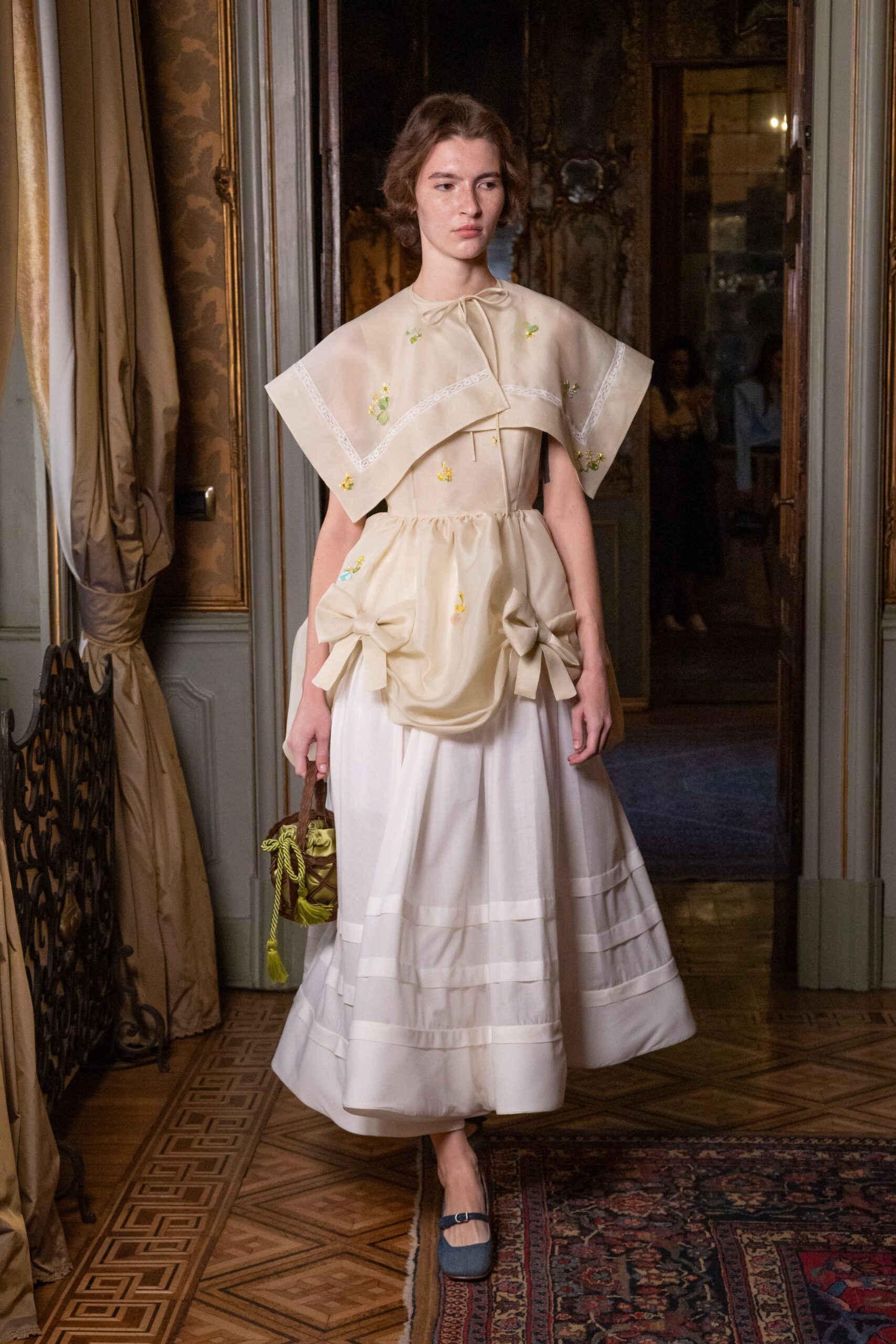 embroidered capelet overlay evening dress