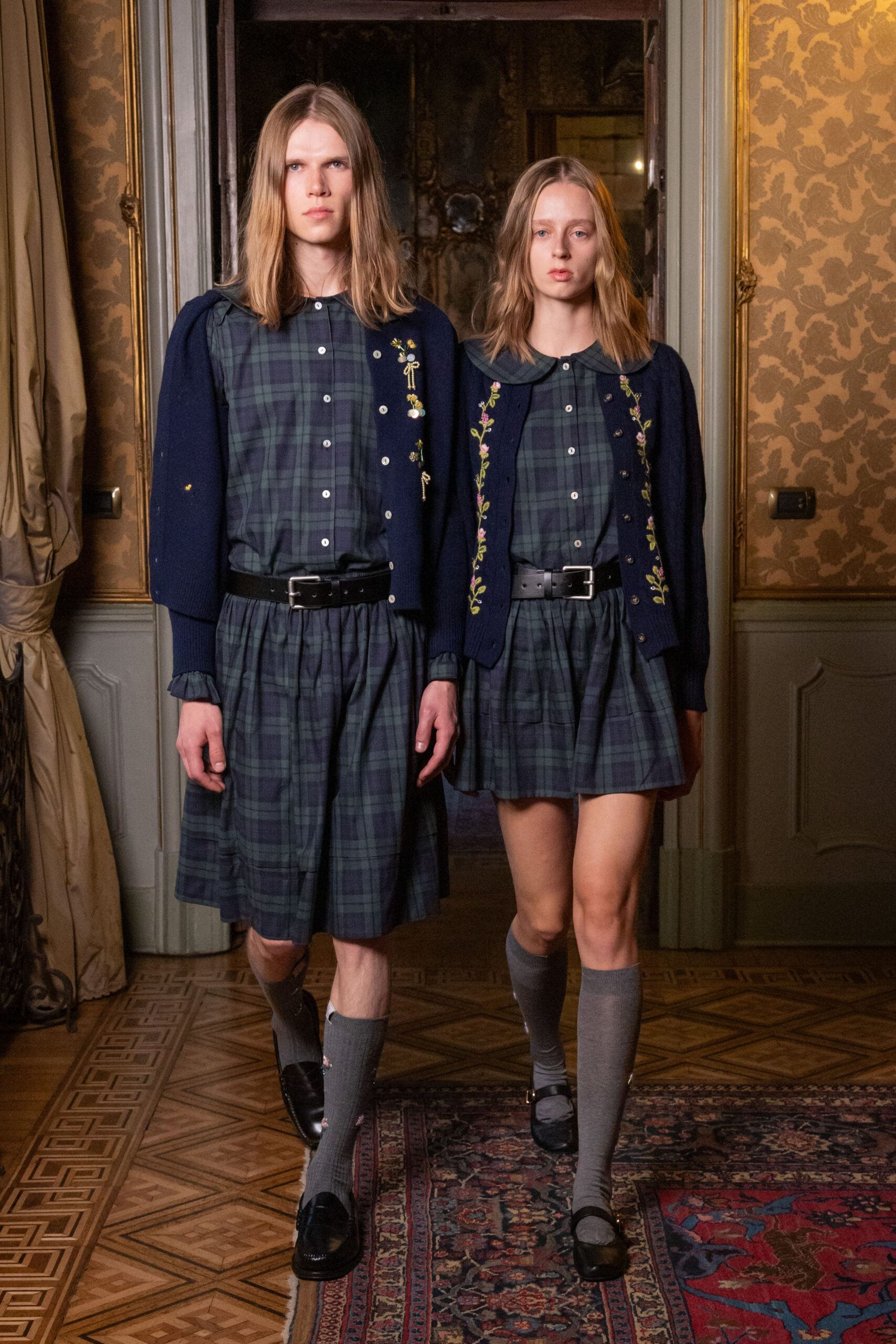 embroidered plaid belted shirt dress