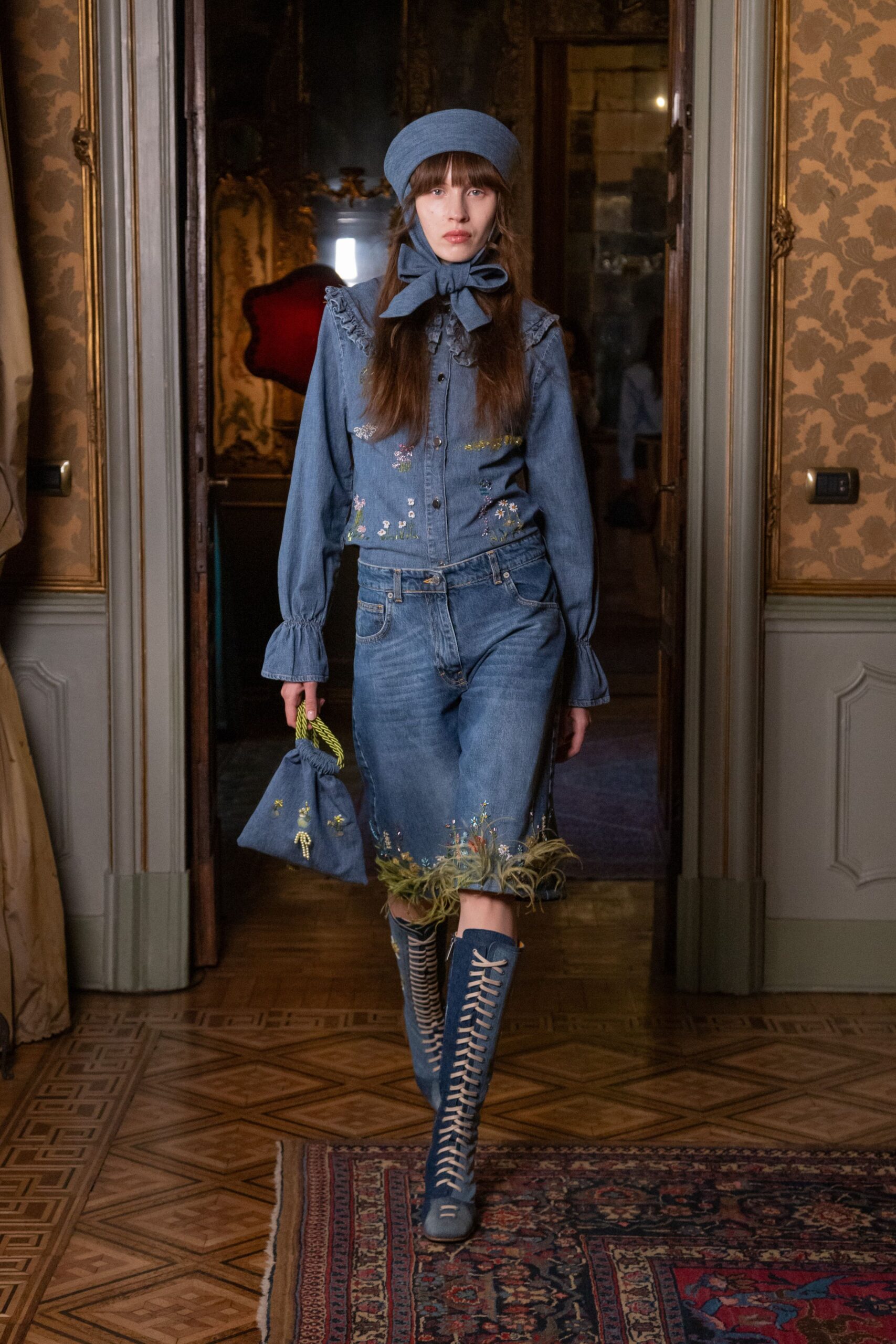 embroidered denim ruffle blouse
