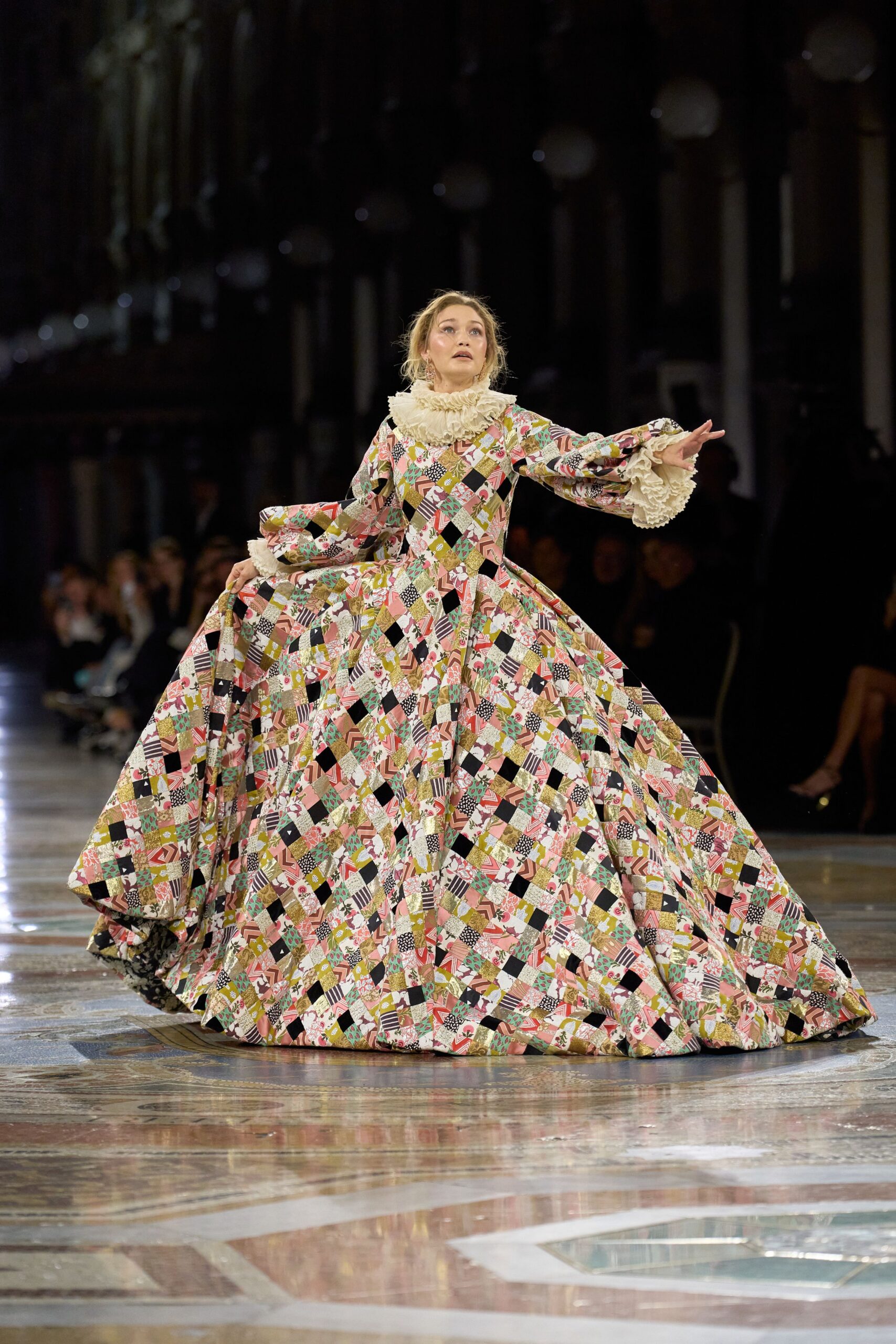 patchwork print ruffled ball gown