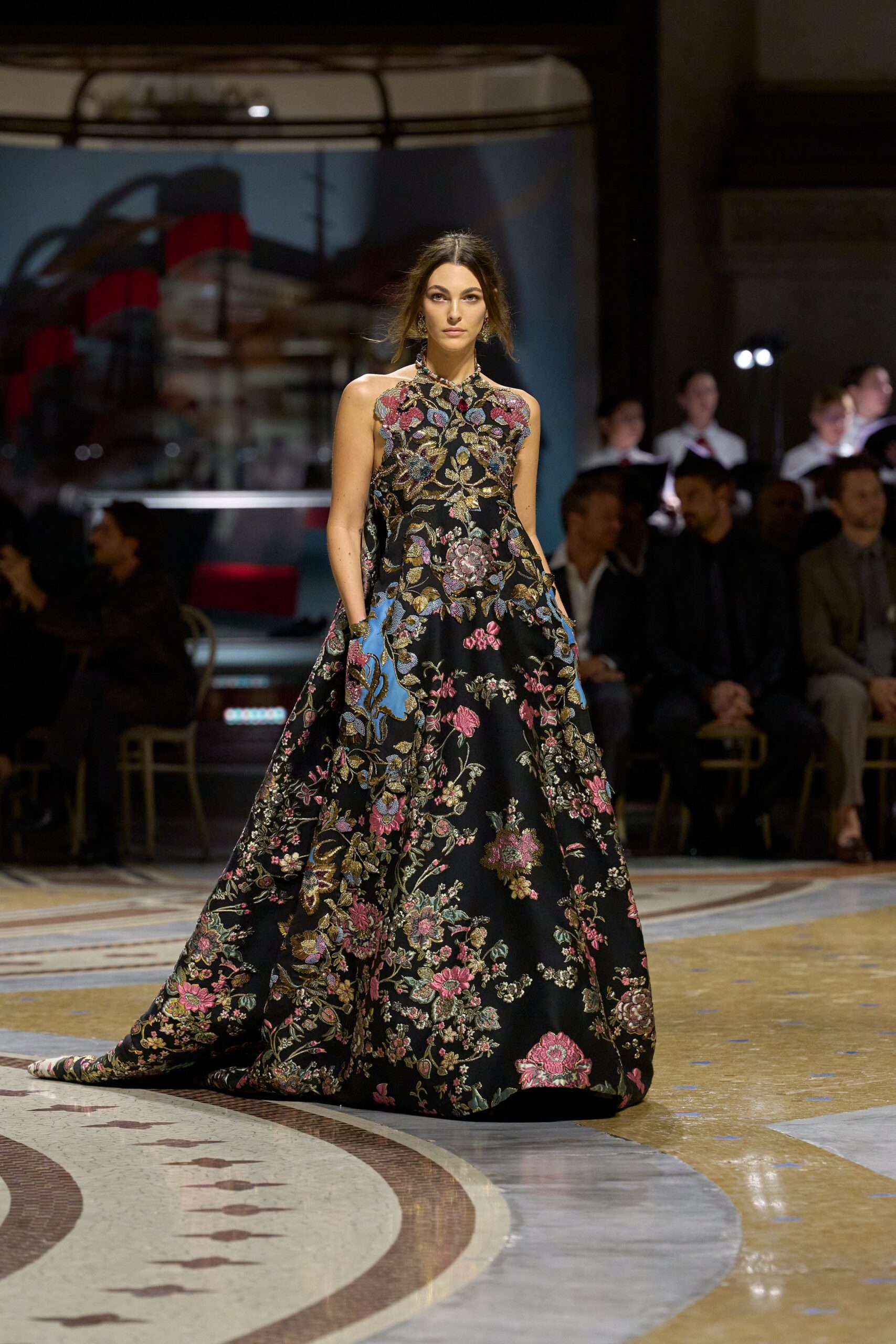 floral embroidered halter ball gown