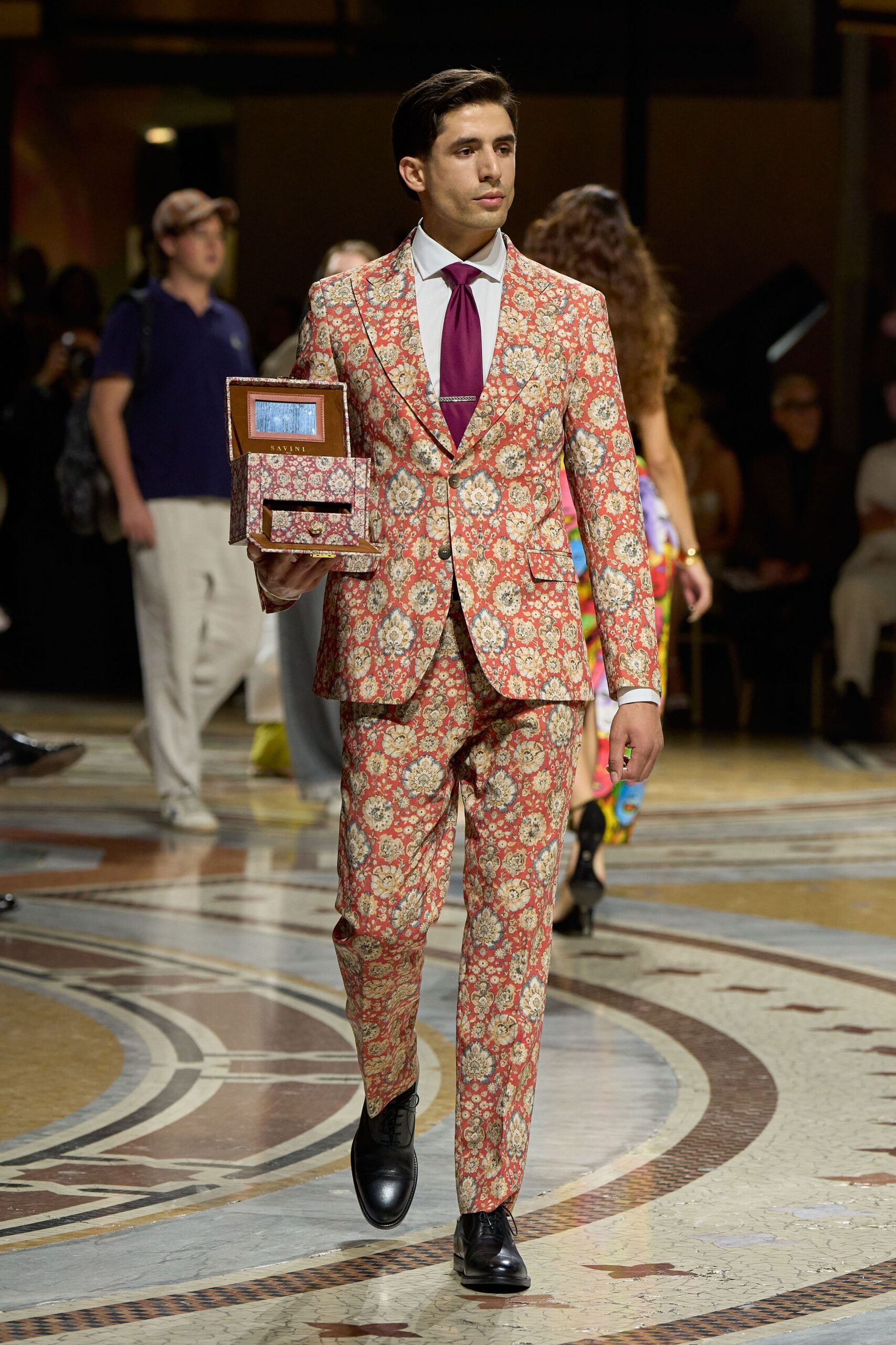 red floral brocade suit blazer
