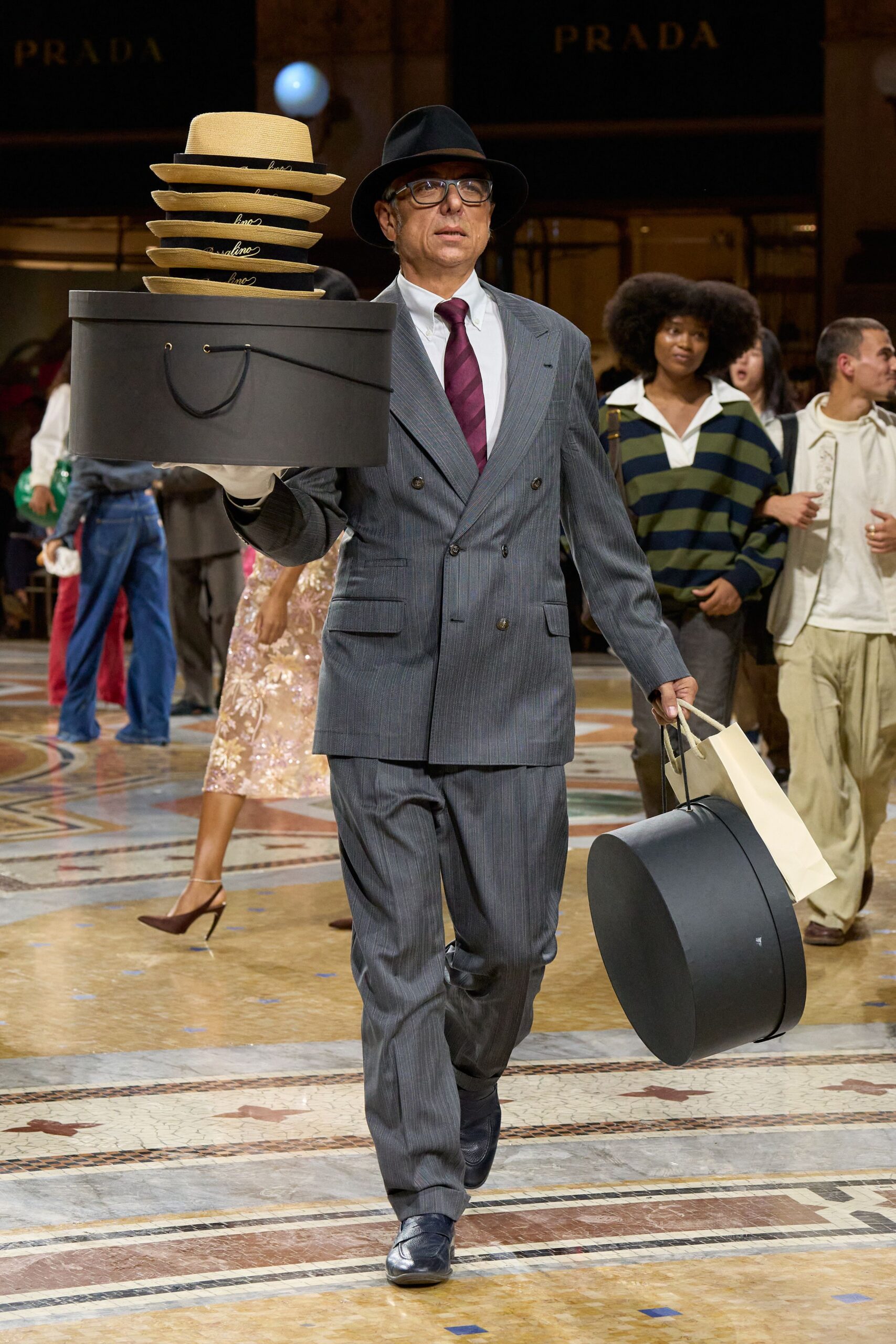 gray pinstripe double-breasted suit