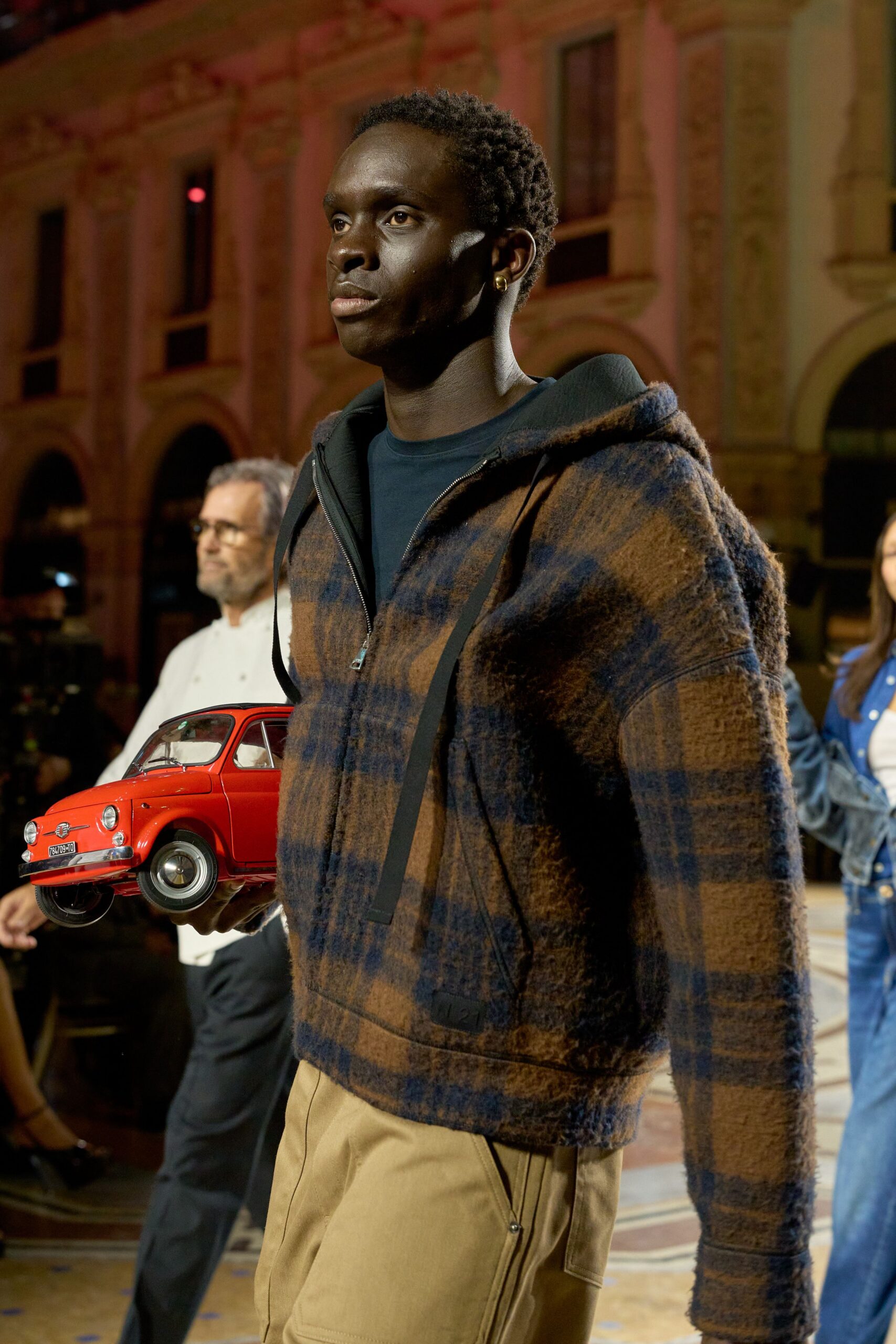 brown and navy checked zip hoodie