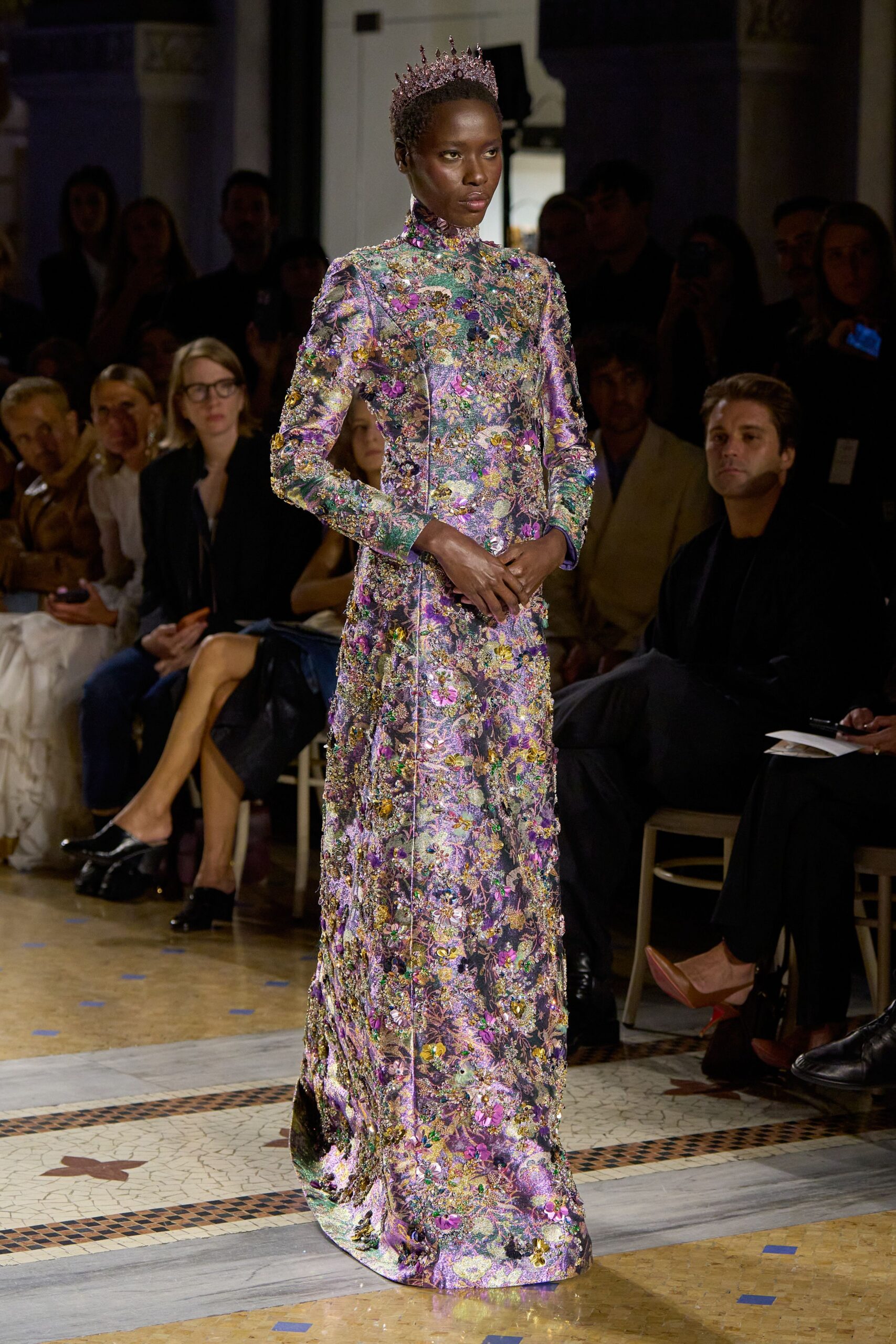 metallic floral embroidered high-neck gown