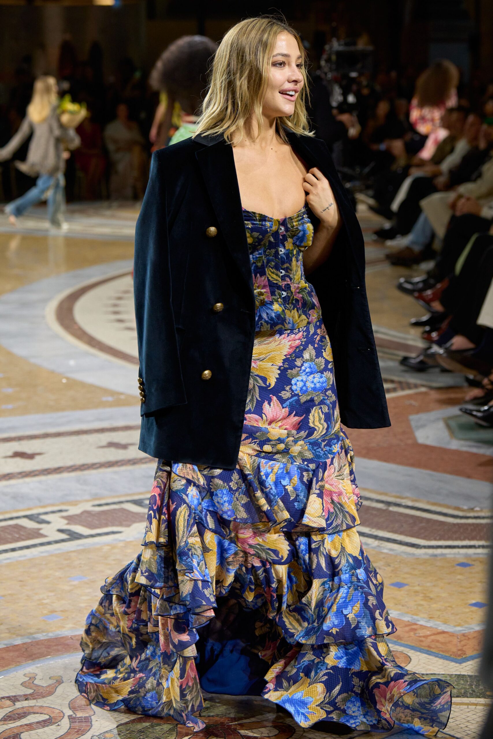 blue floral ruffled evening gown