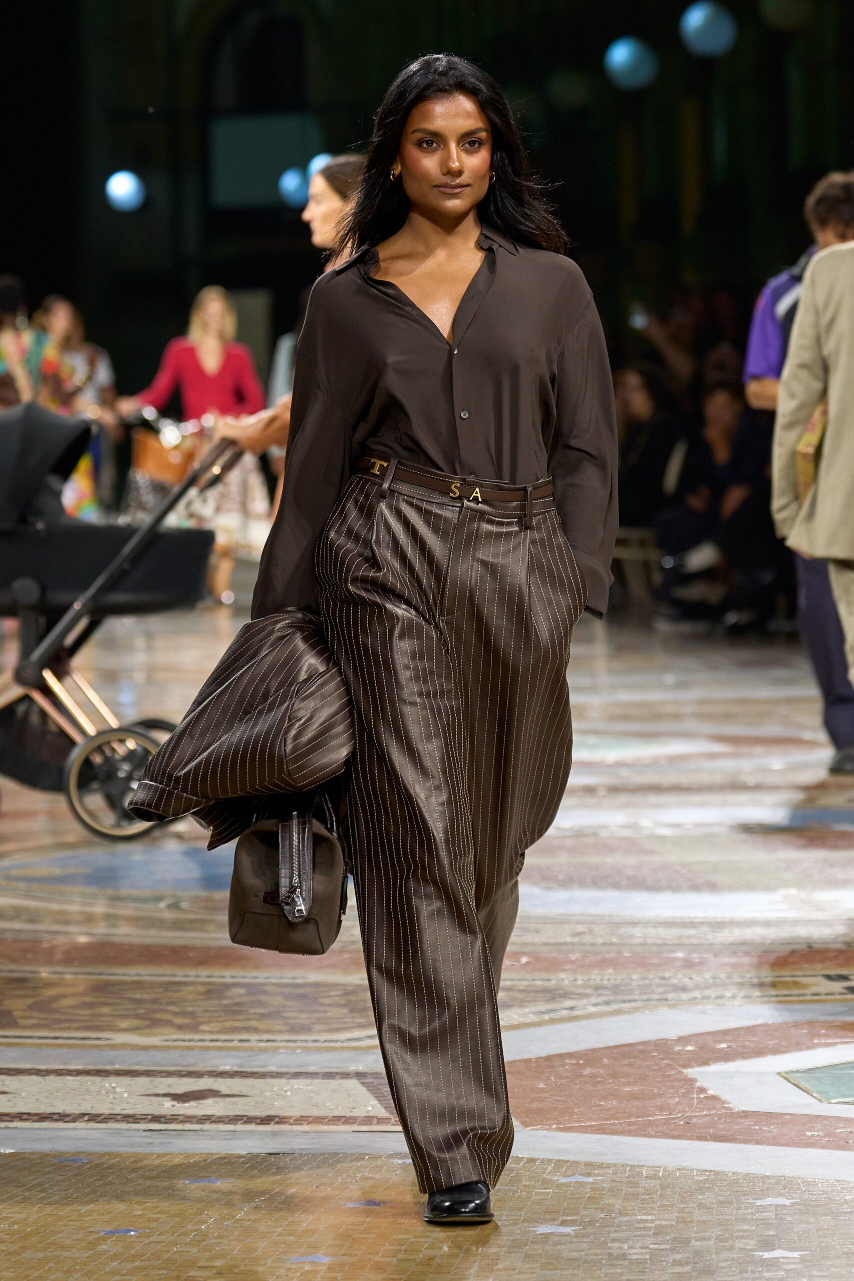 brown pinstripe leather trousers