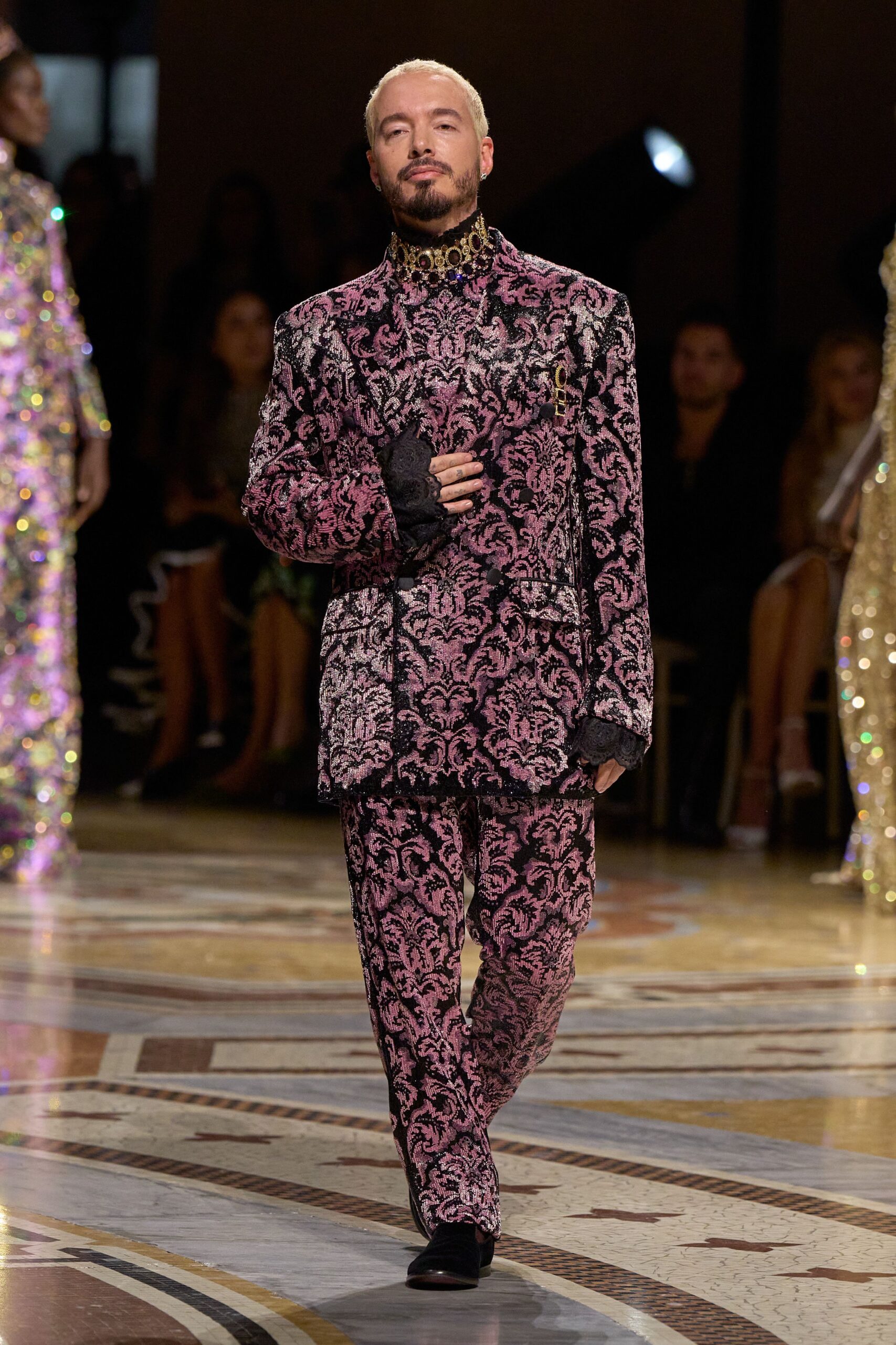 pink and black baroque brocade jacket