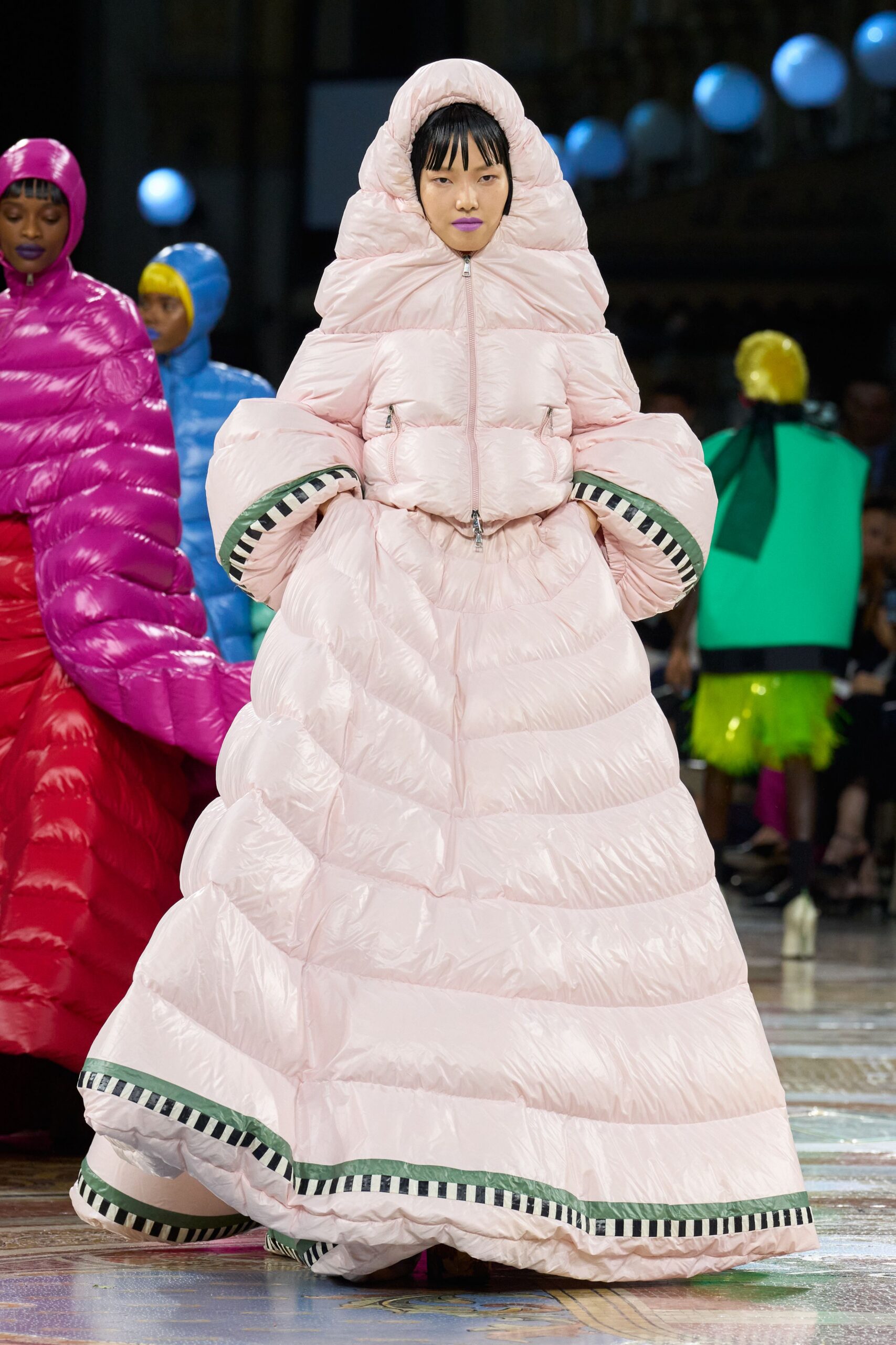 hooded pink puffer gown