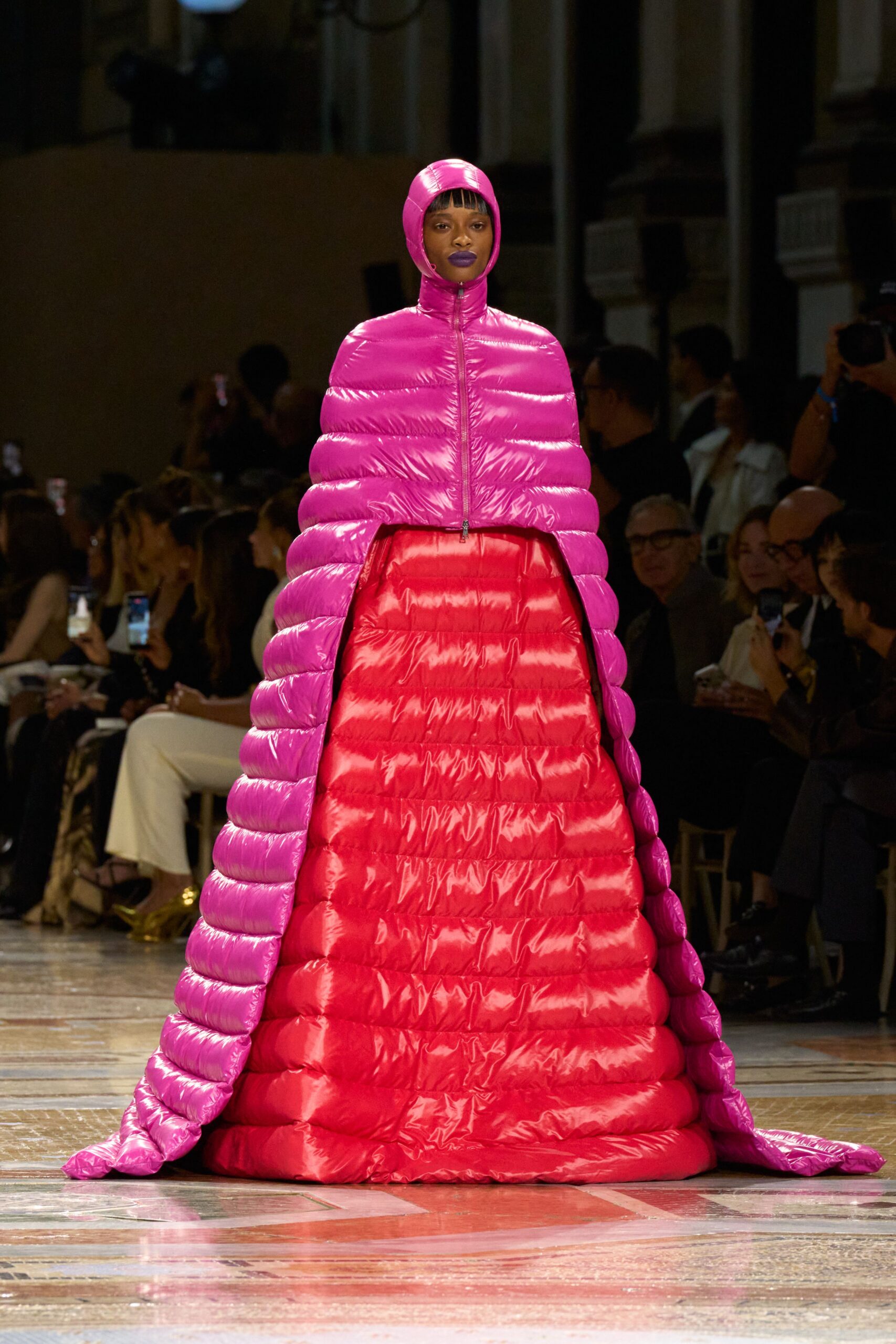 hooded pink puffer cape