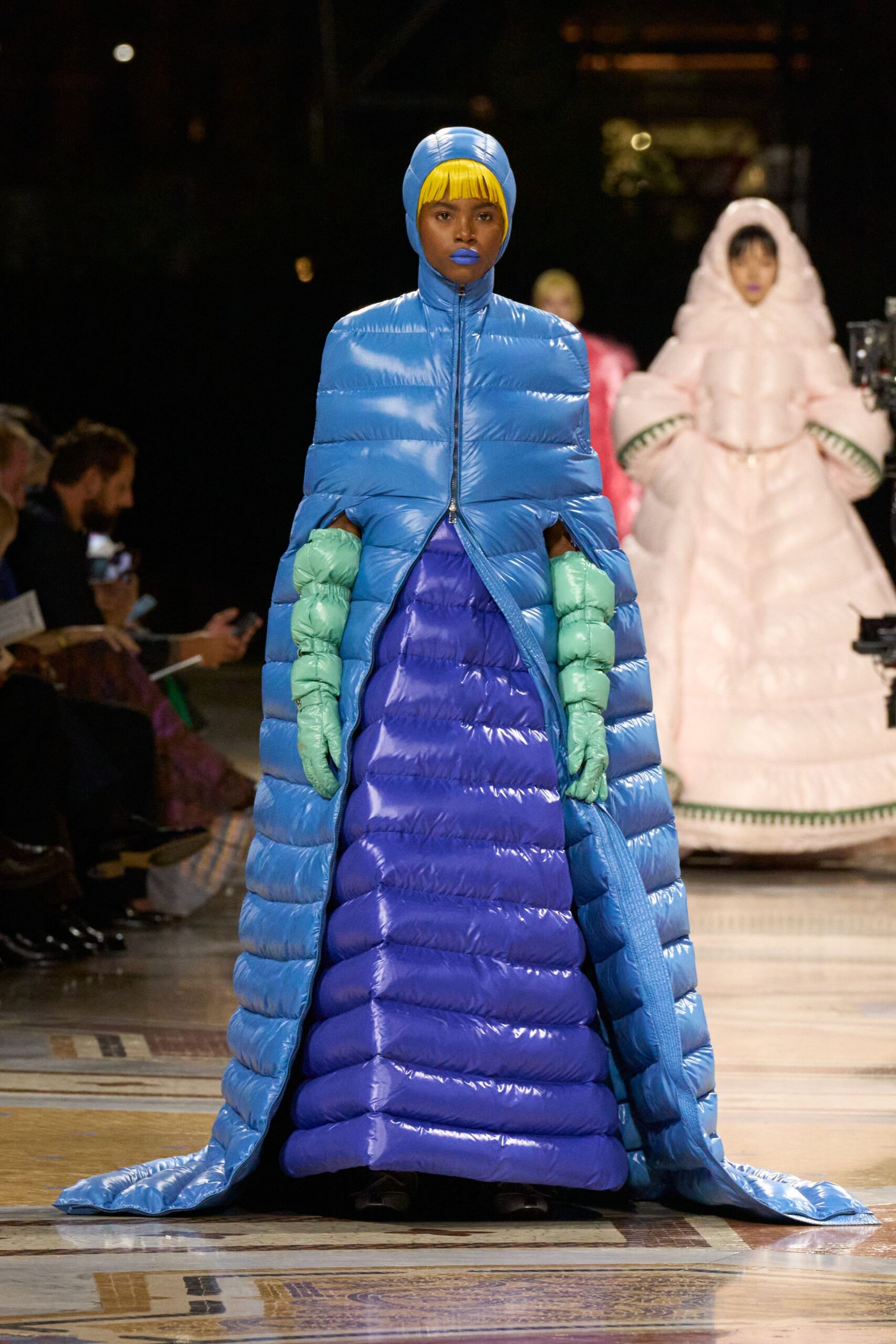 blue quilted puffer coat