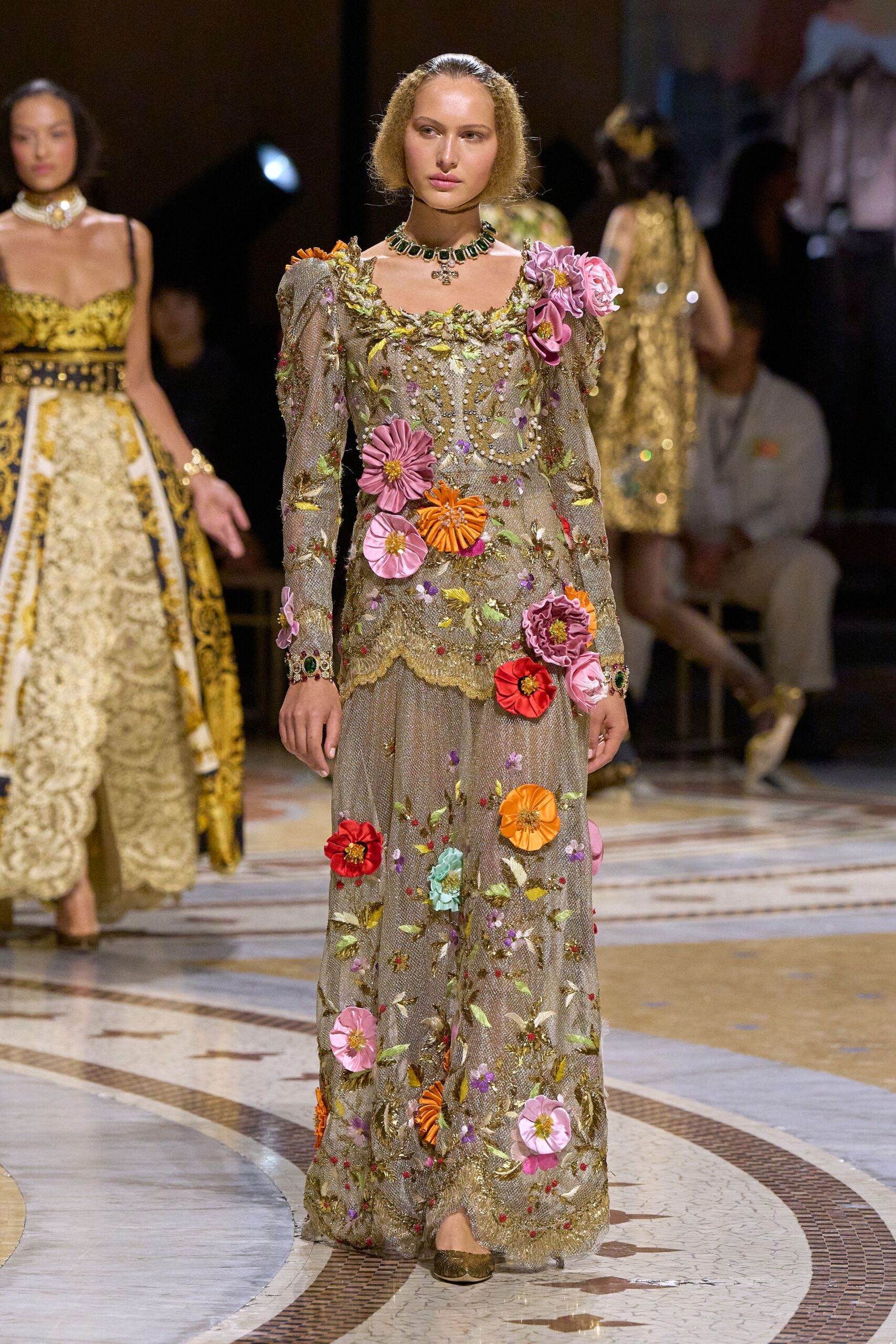 floral appliqué embroidered mesh gown