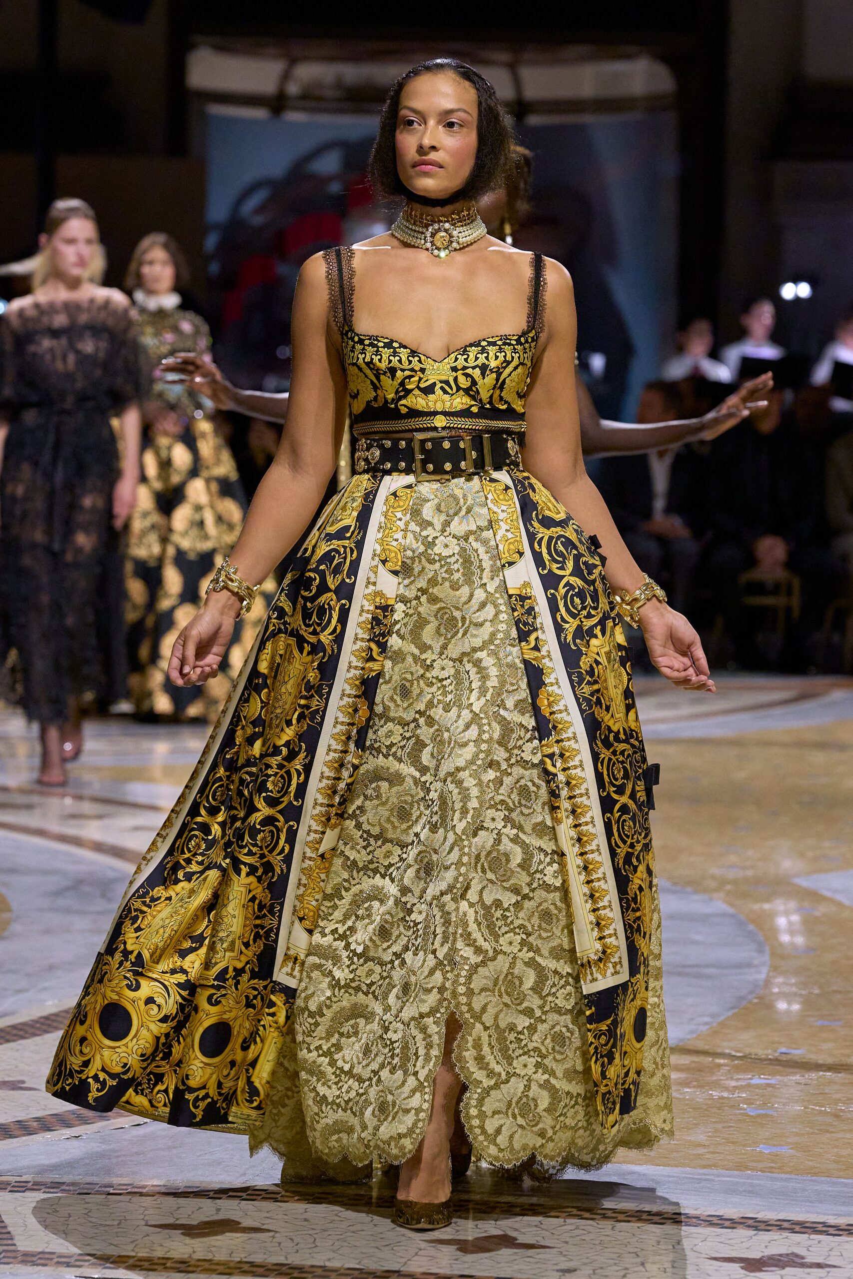 baroque lace panel evening gown