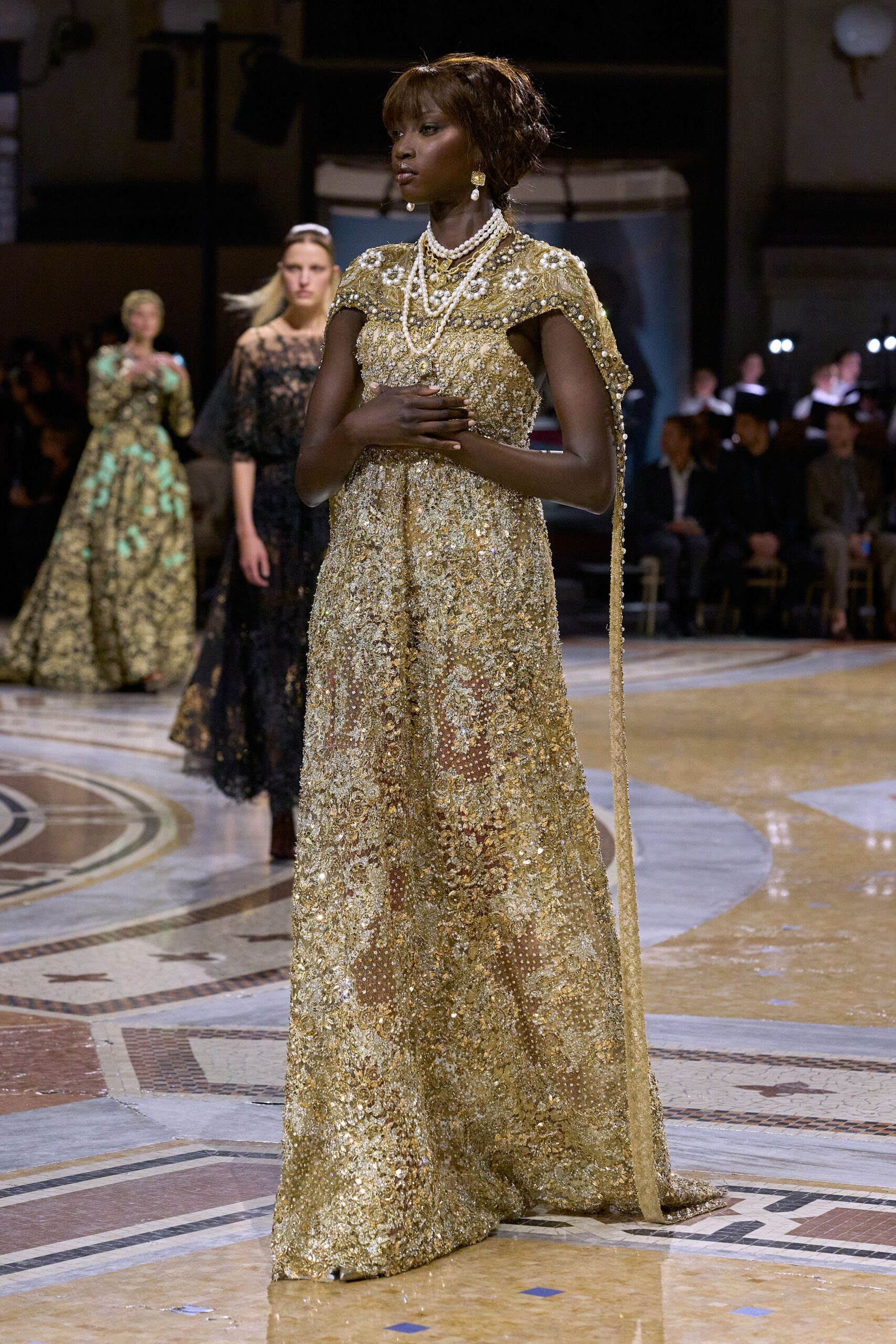 gold embellished sheer evening gown