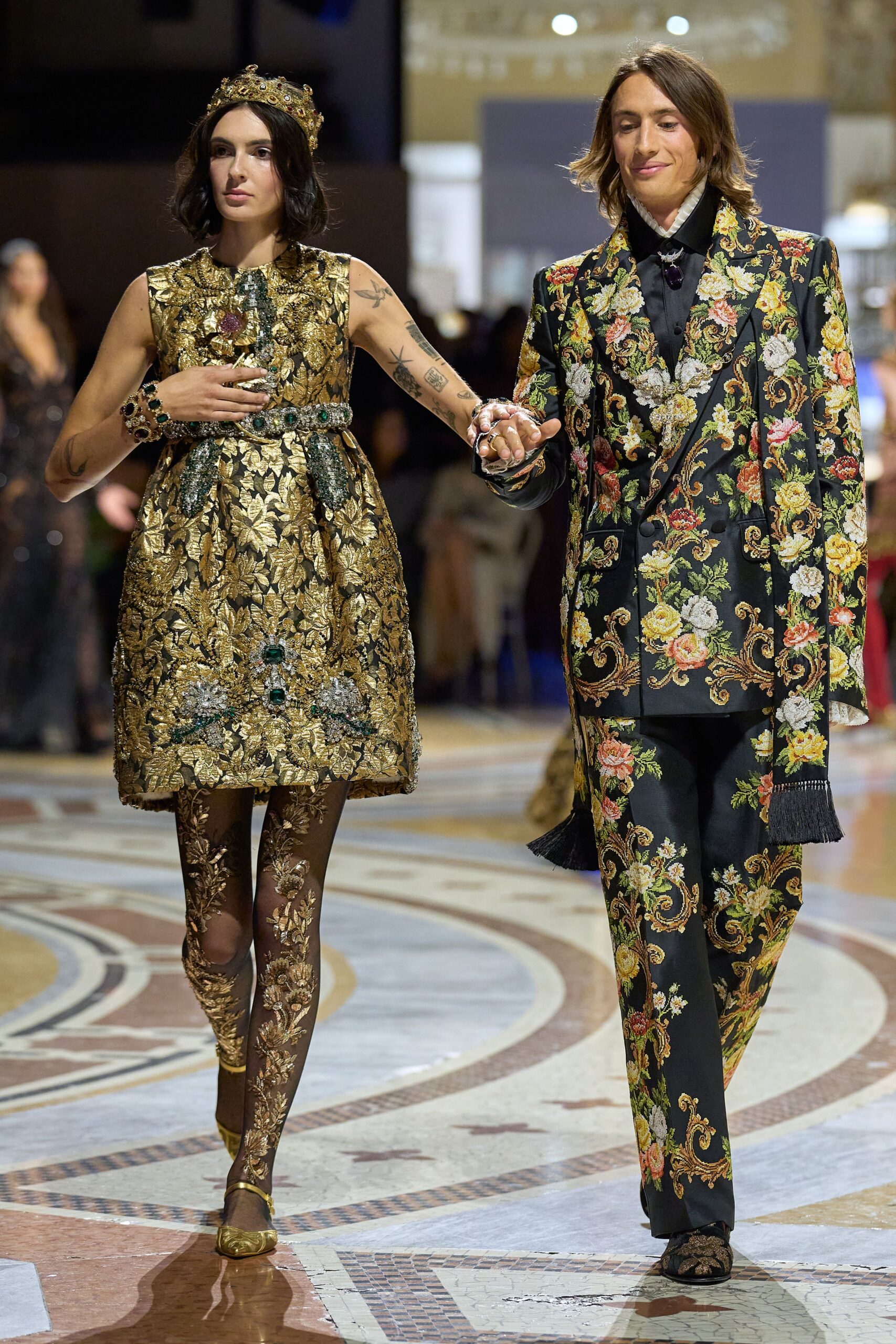 gold brocade floral mini dress