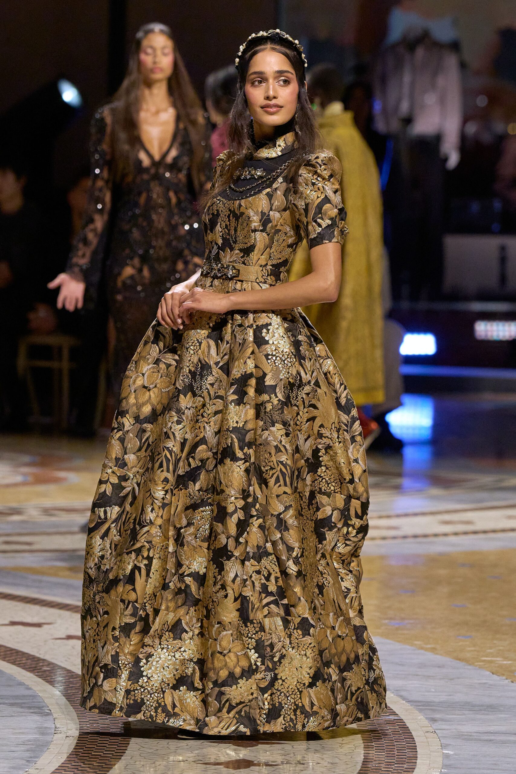 gold floral brocade ball gown