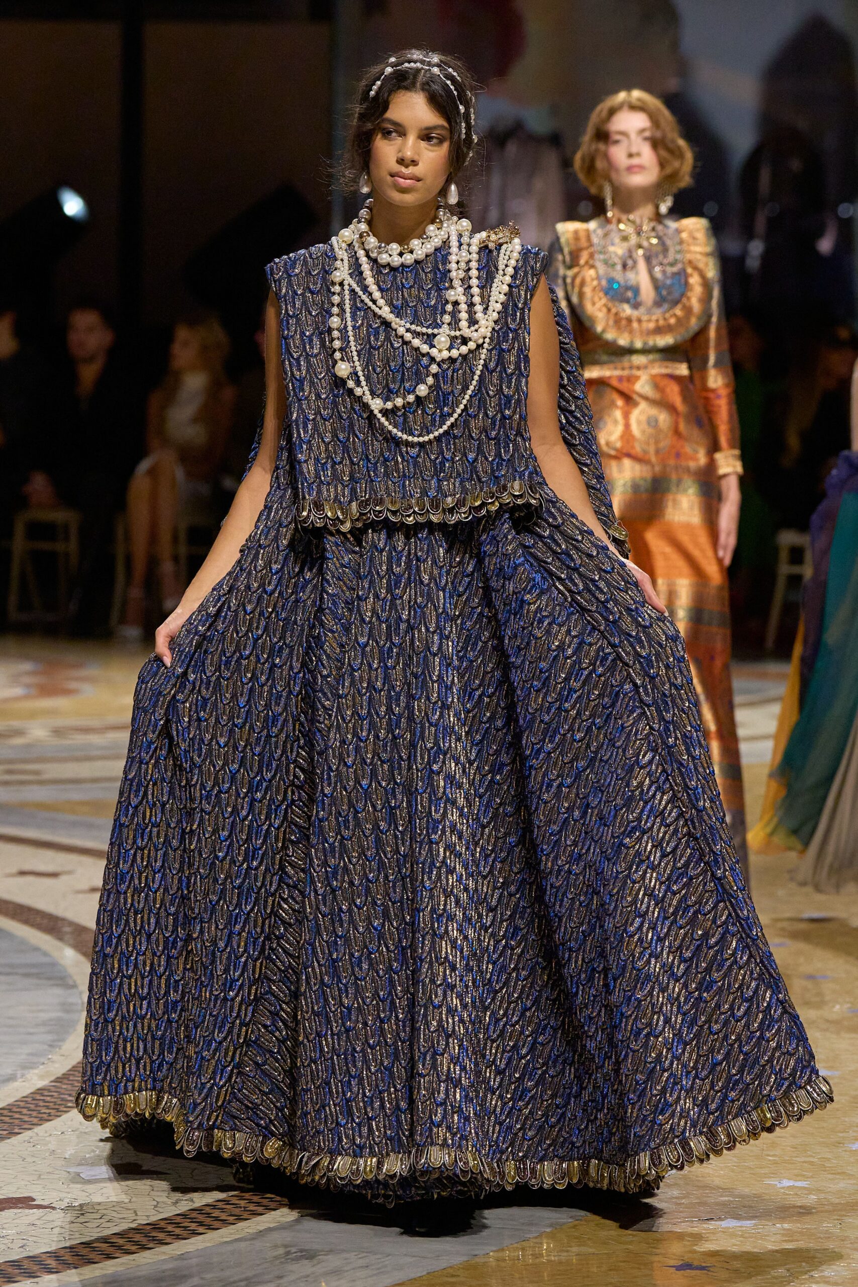 blue and gold brocade evening gown