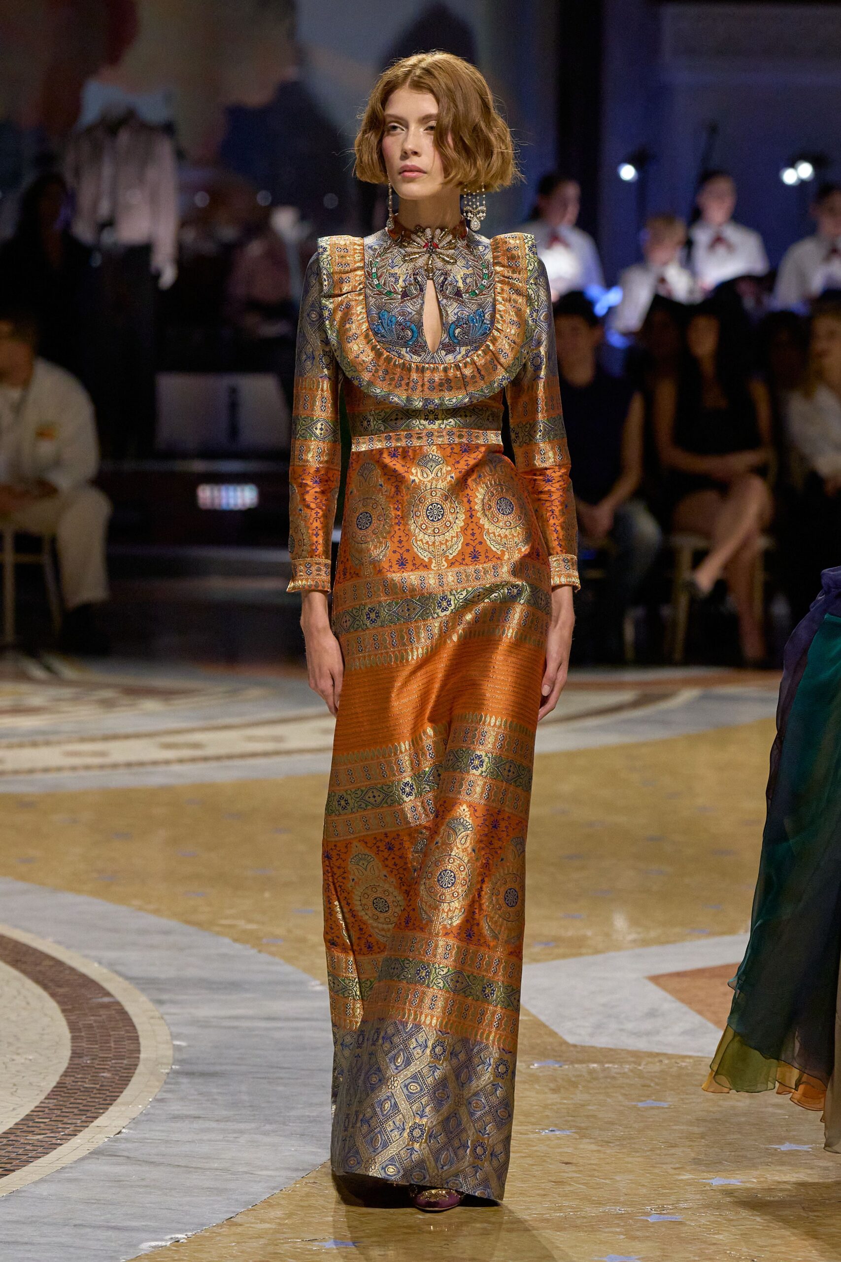 ornate brocade keyhole evening gown
