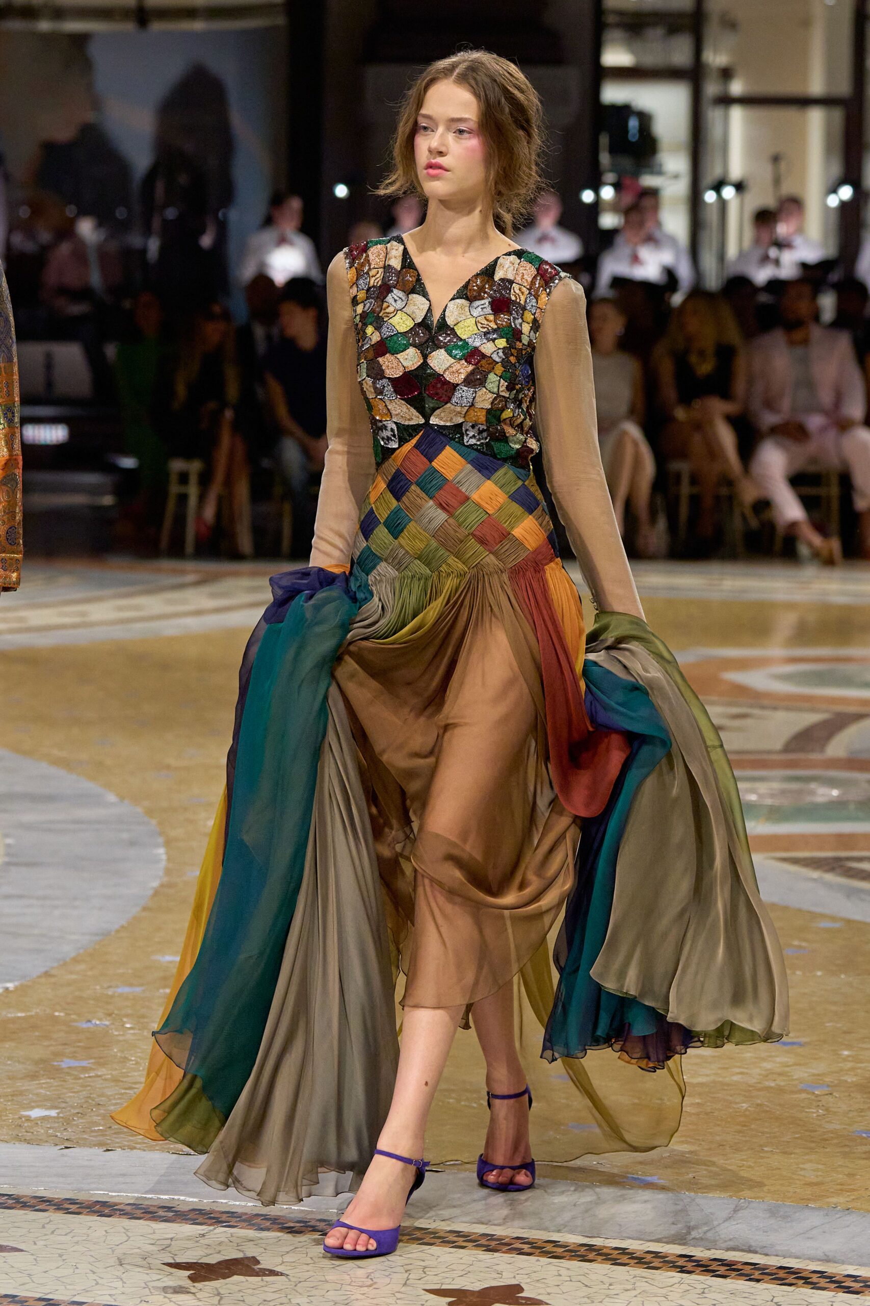 mosaic bodice chiffon evening gown