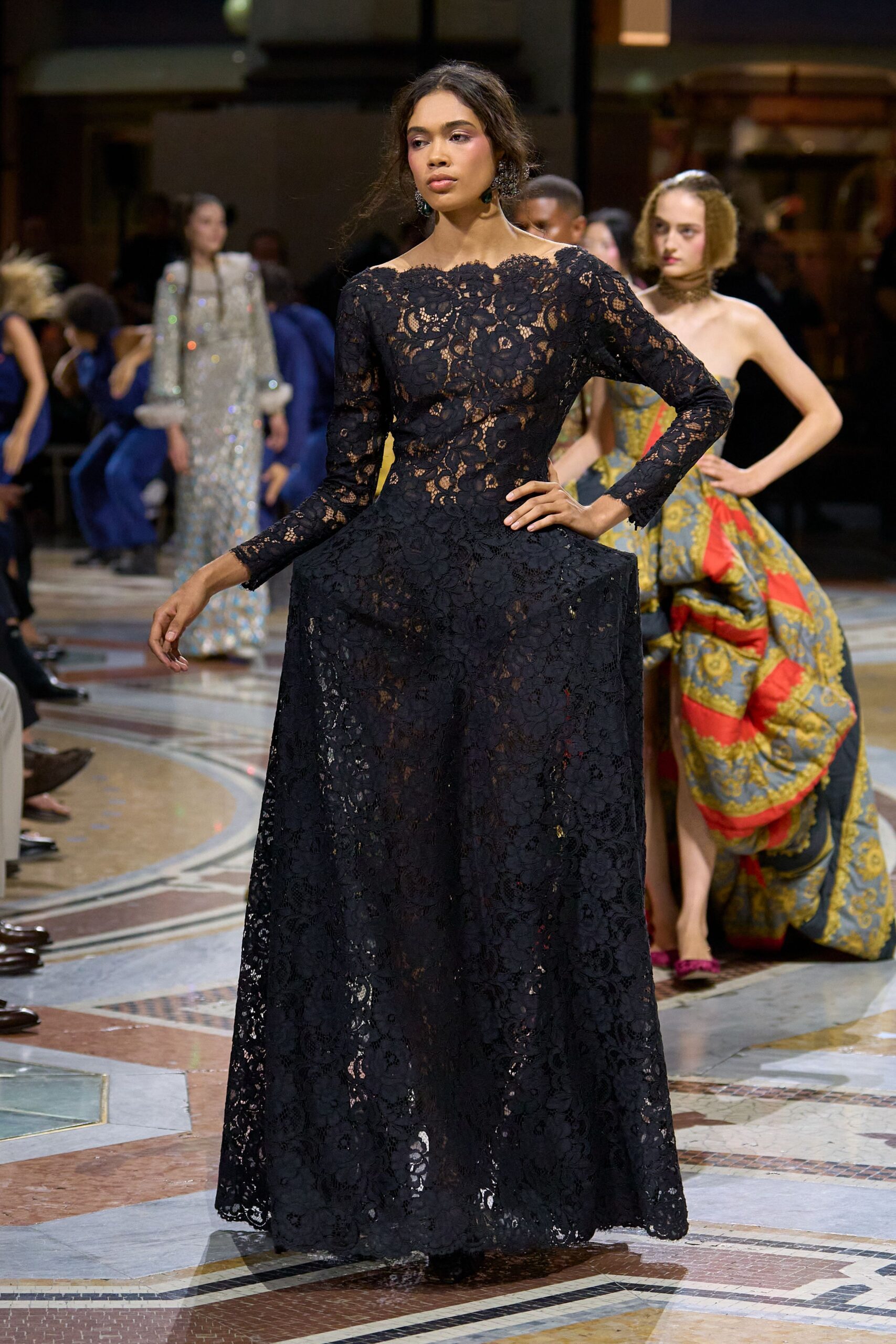 black floral lace evening gown