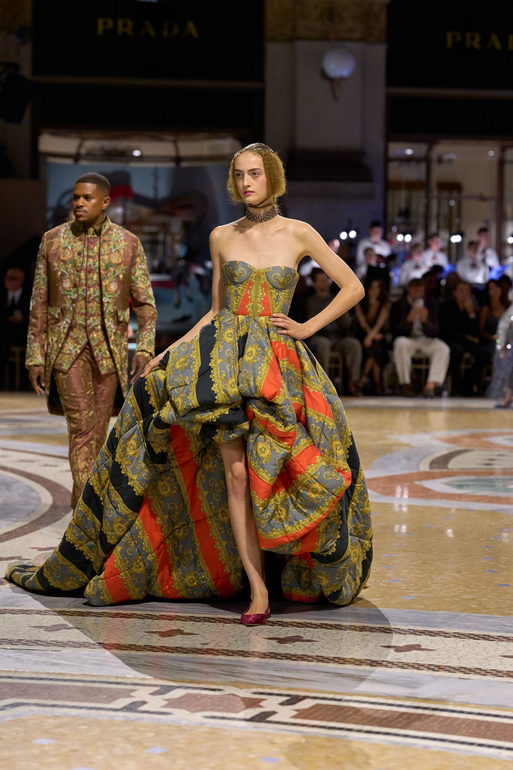 strapless brocade ball gown