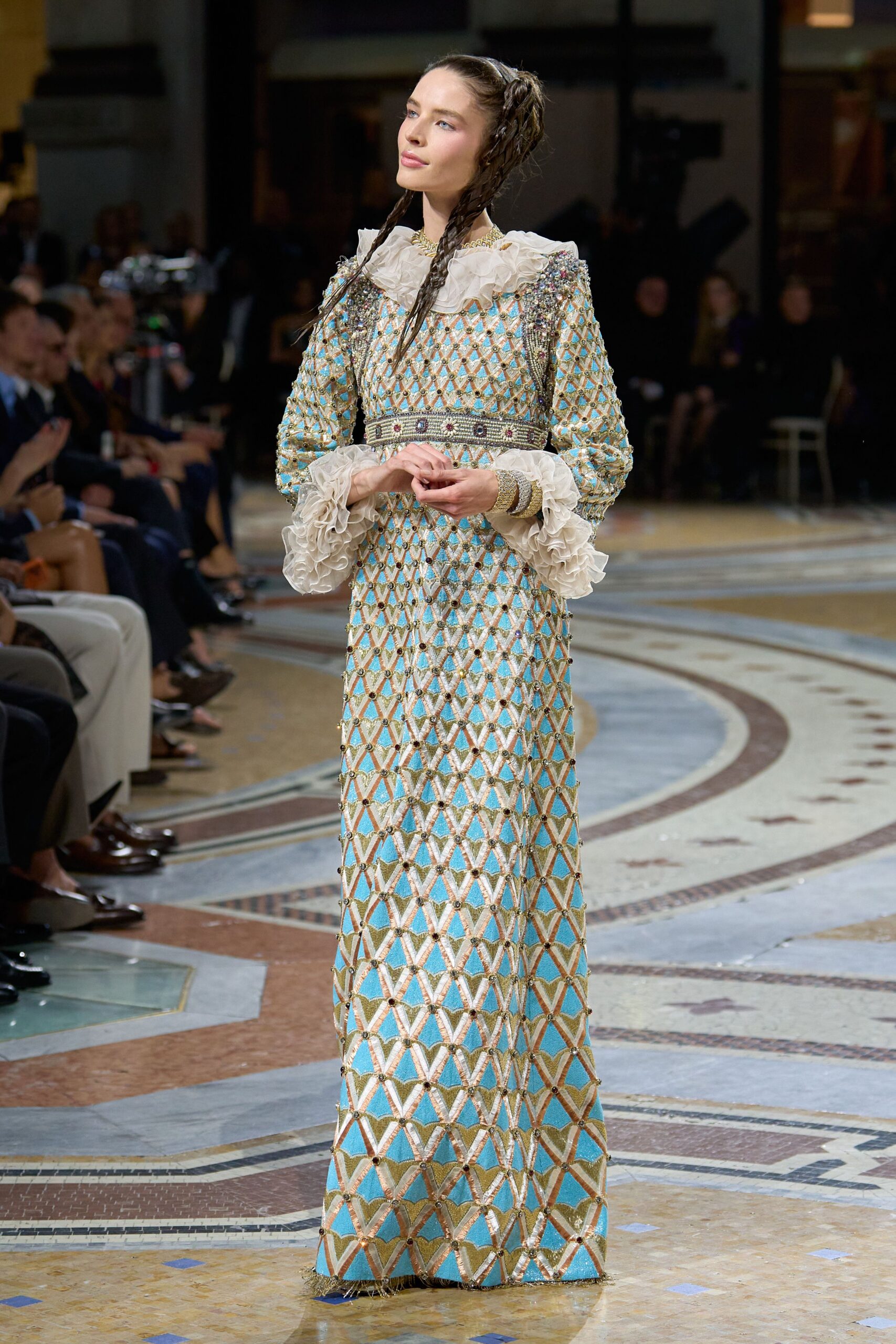 ruffled harlequin evening gown