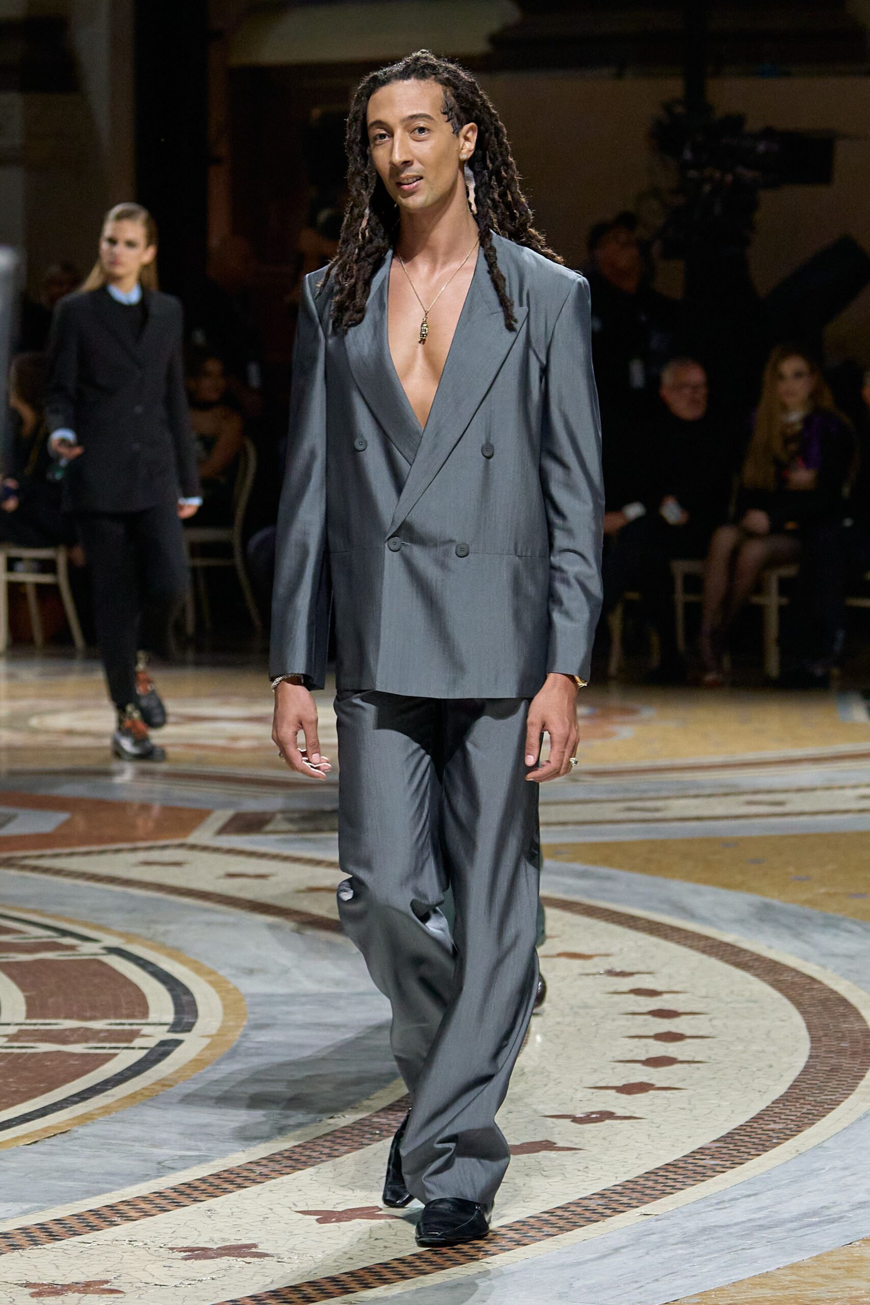 deep V double-breasted gray blazer