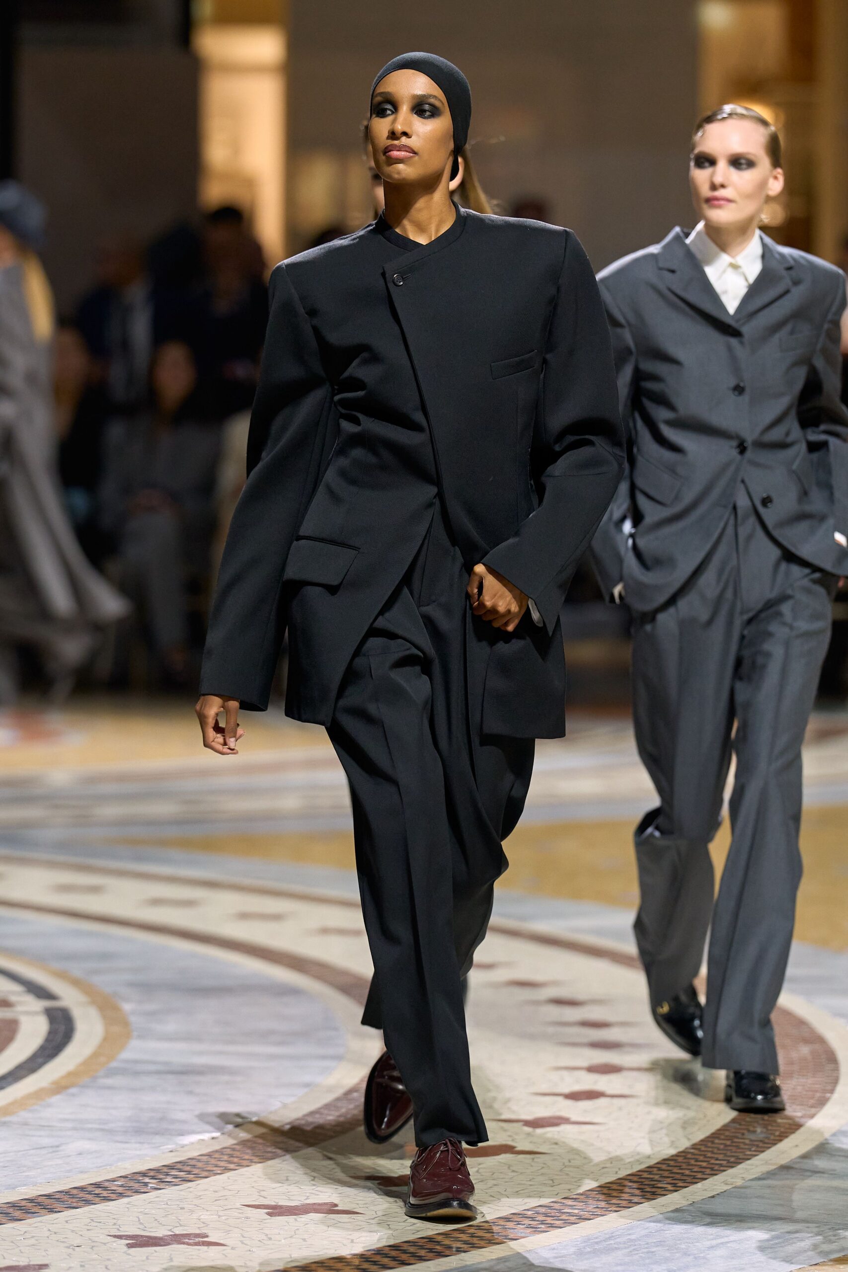 asymmetric collarless black blazer