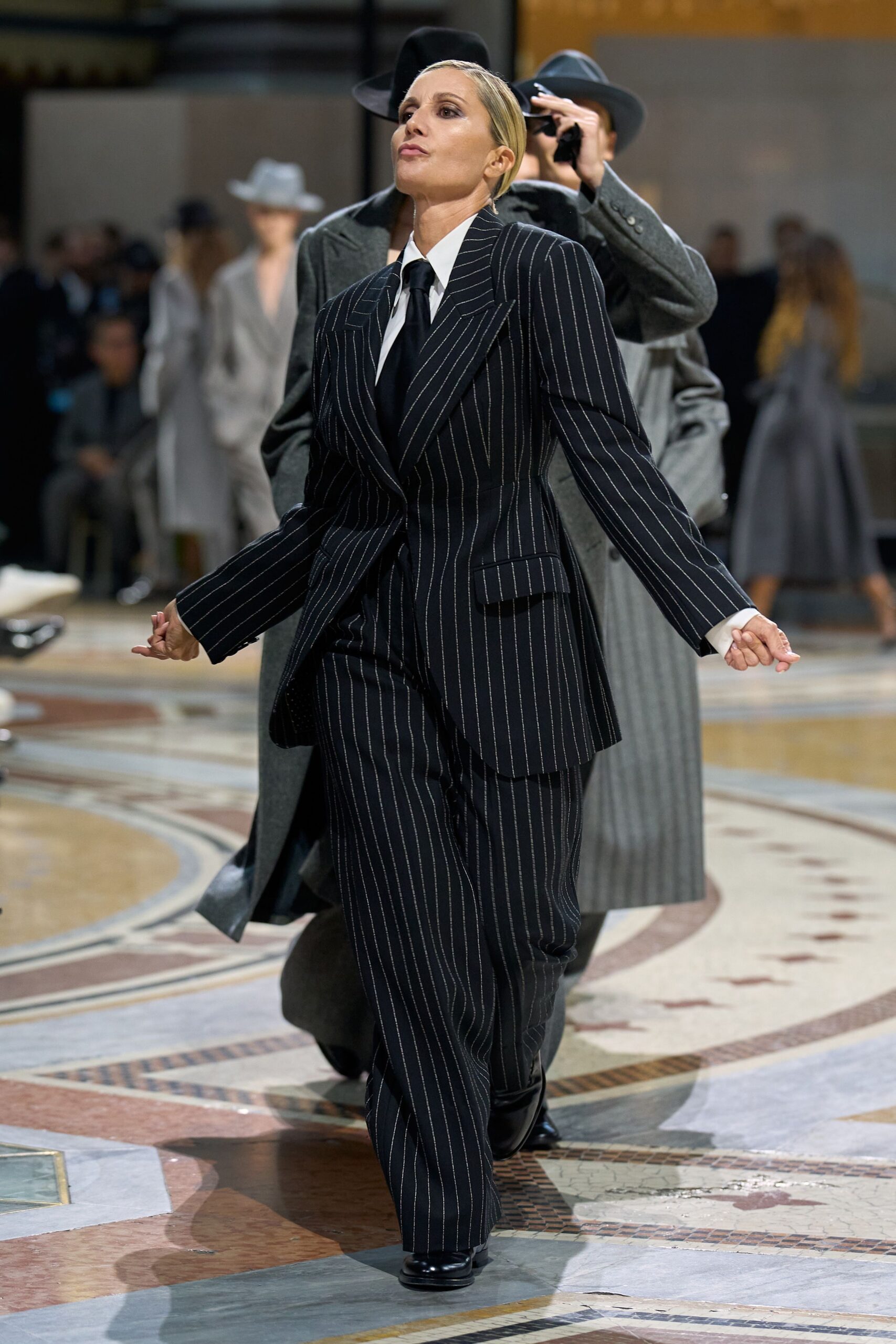 black pinstripe tailored pantsuit