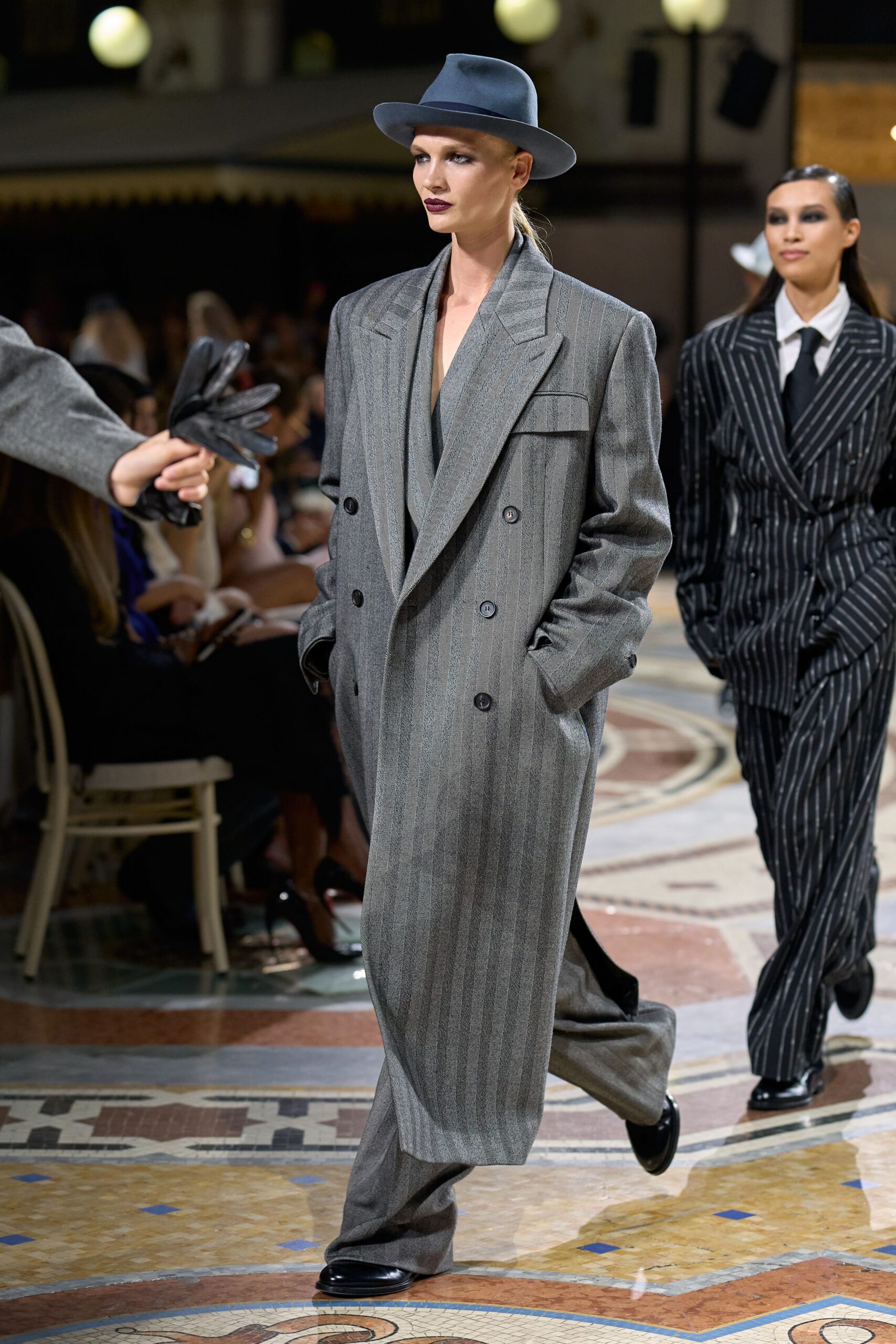 oversized gray pinstripe overcoat
