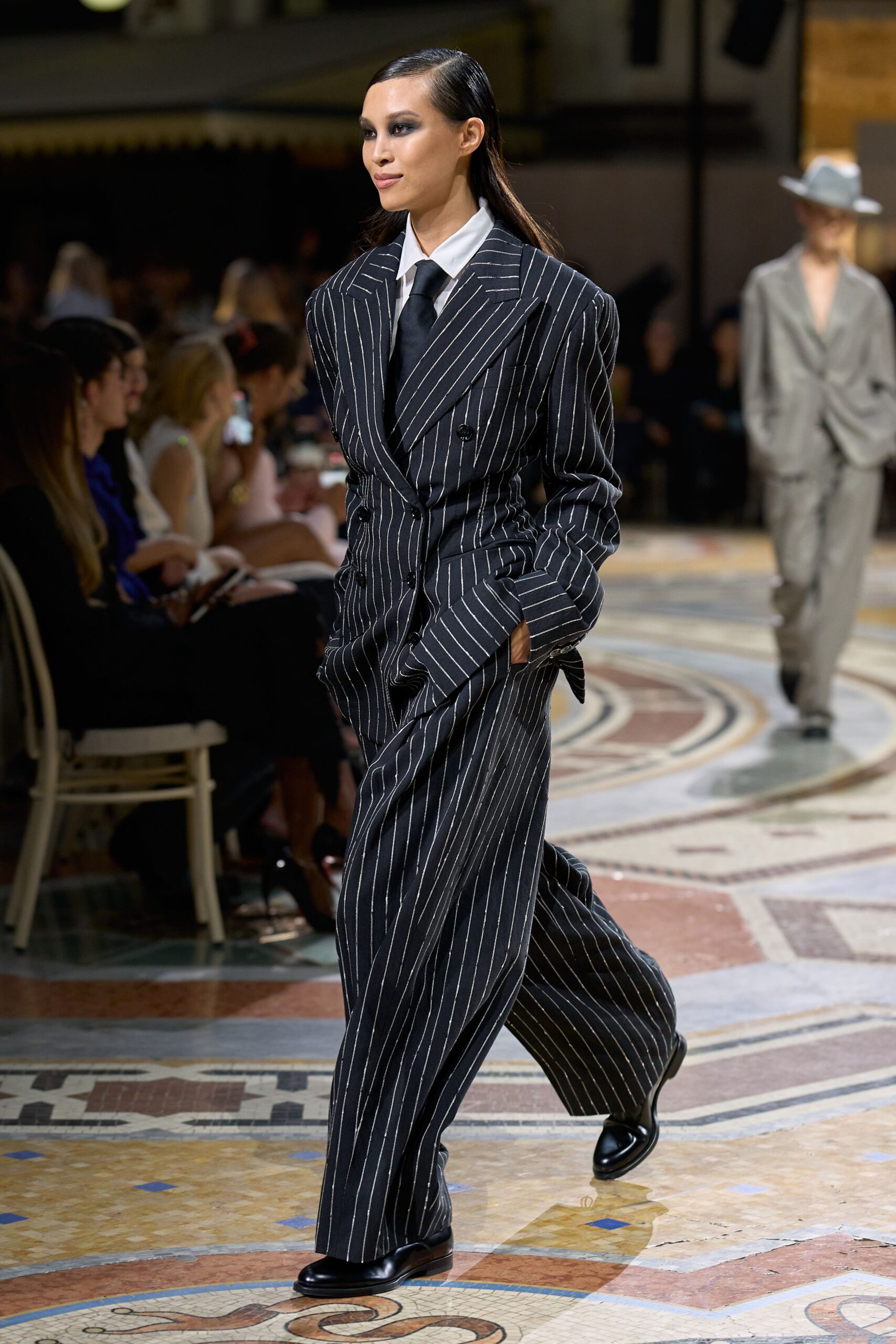 black pinstripe double-breasted blazer