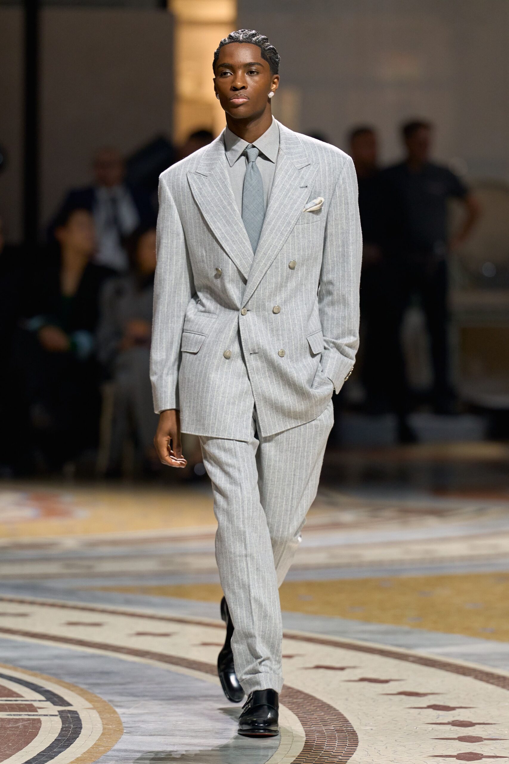 light gray pinstripe double-breasted suit