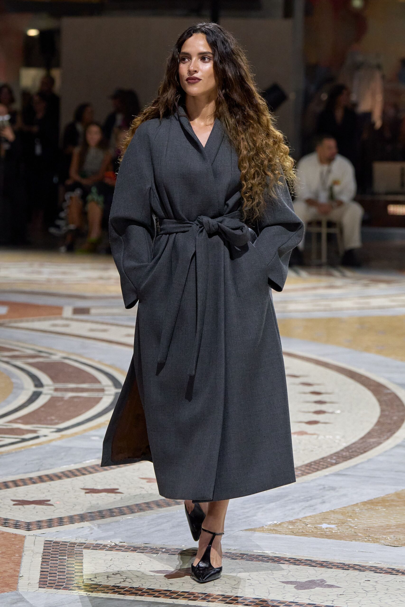 gray robe coat with sash belt