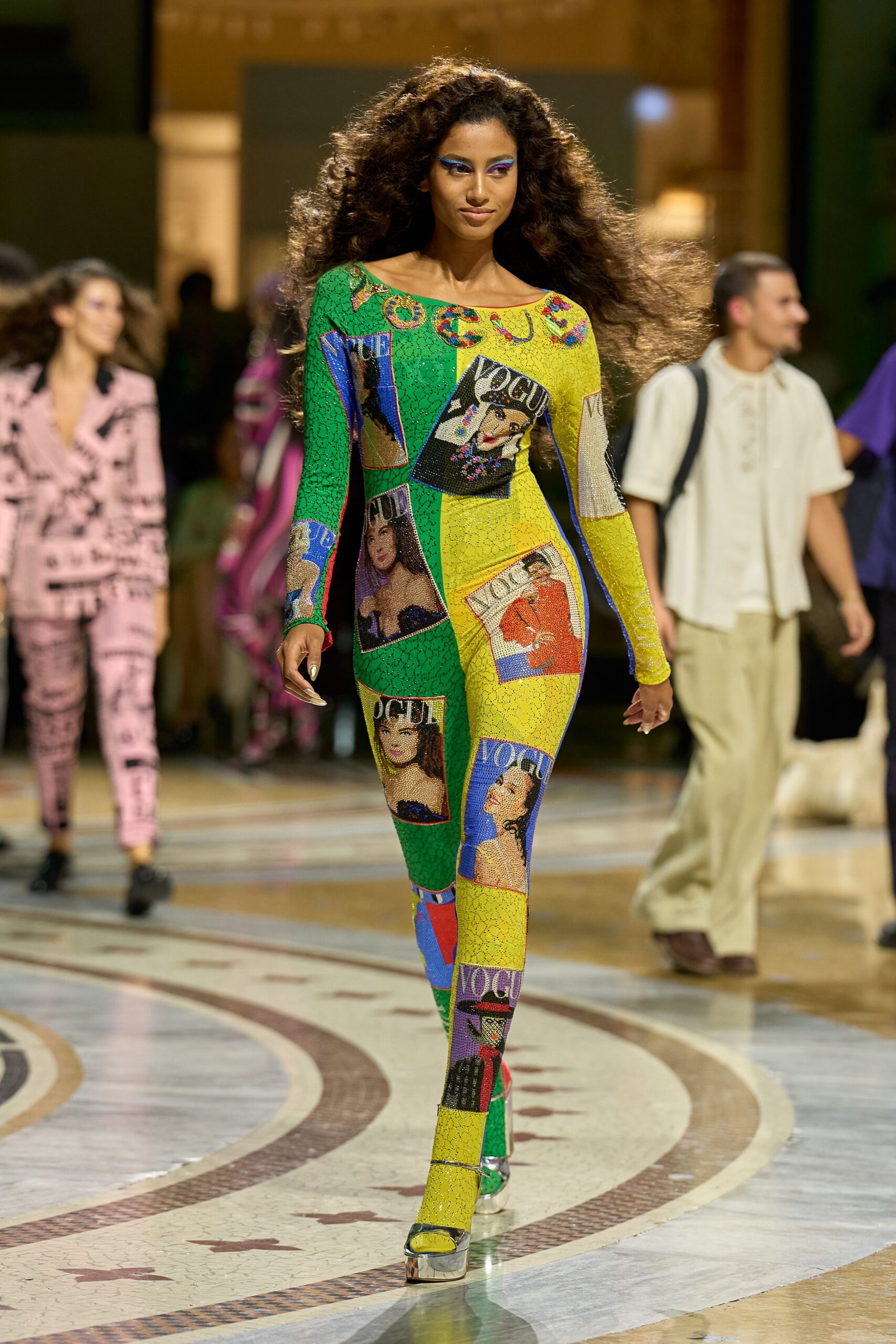 sequined magazine-print catsuit