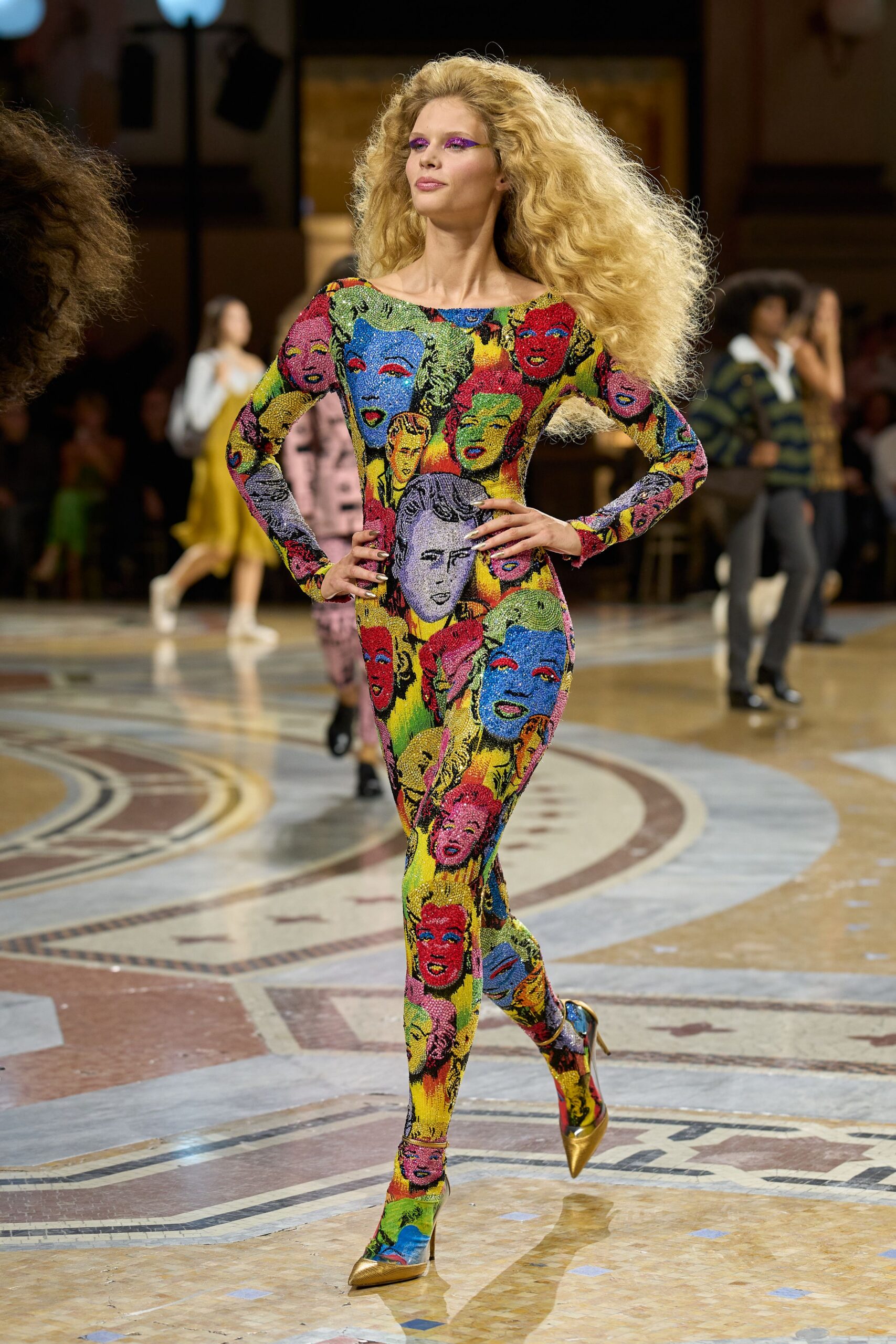 pop-art face print sequined catsuit