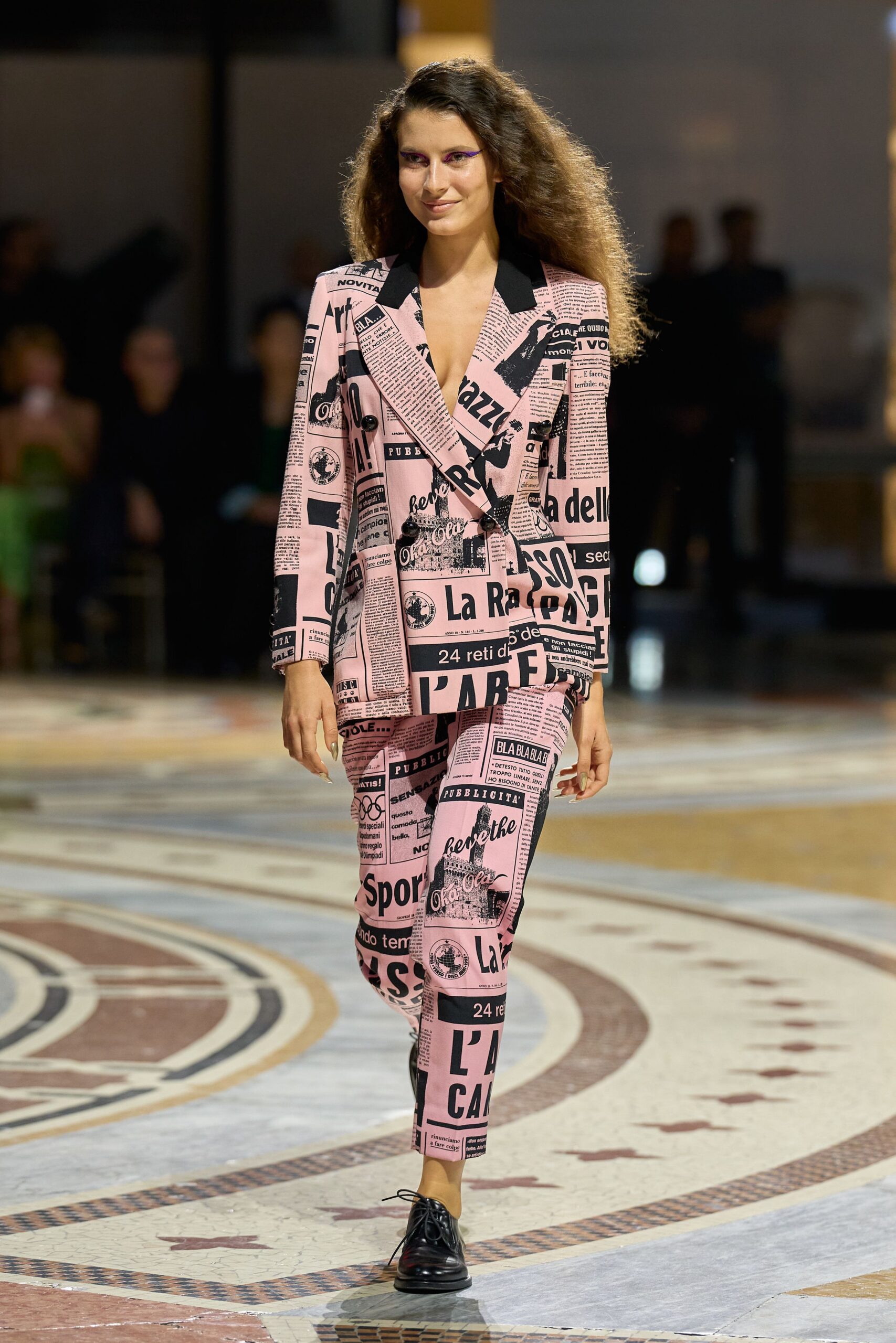 pink newspaper-print double-breasted blazer