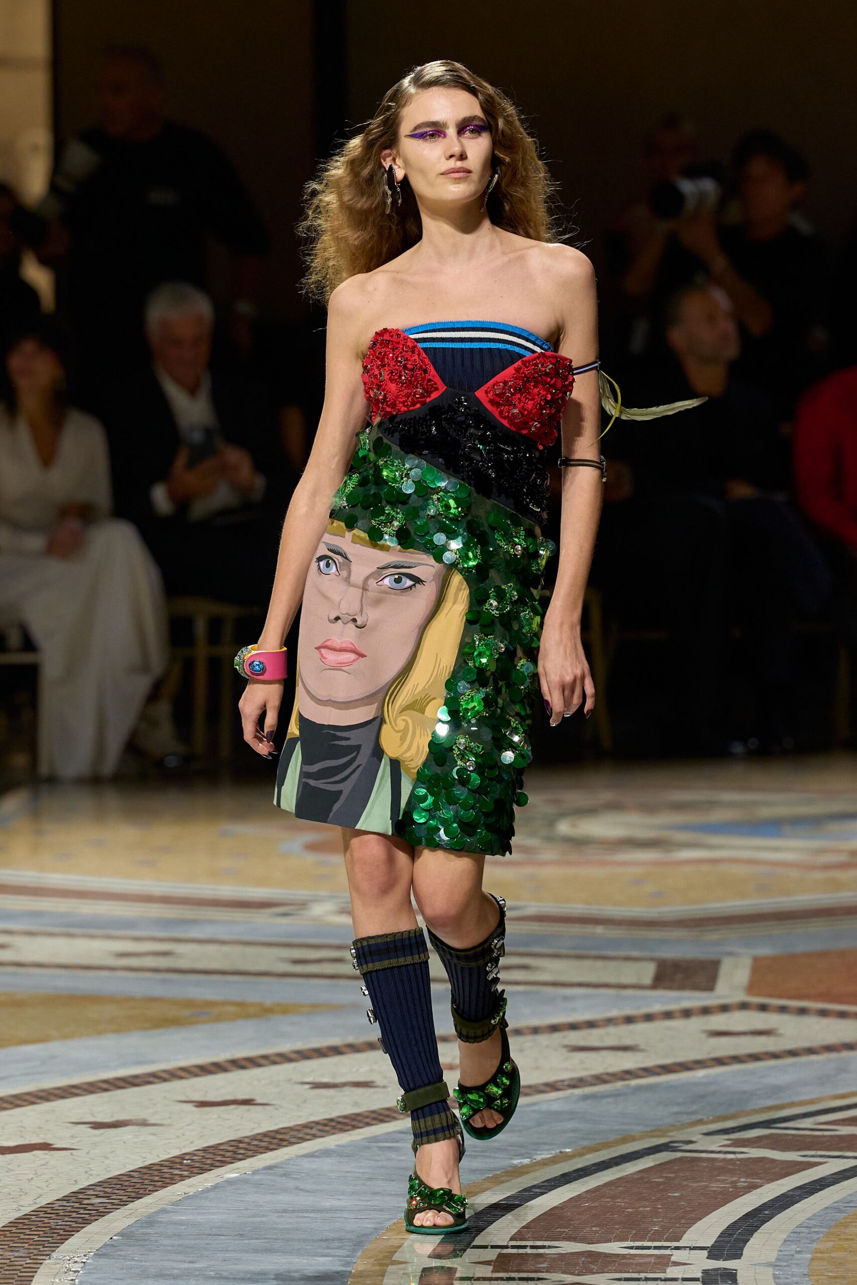 pop-art sequined strapless midi dress
