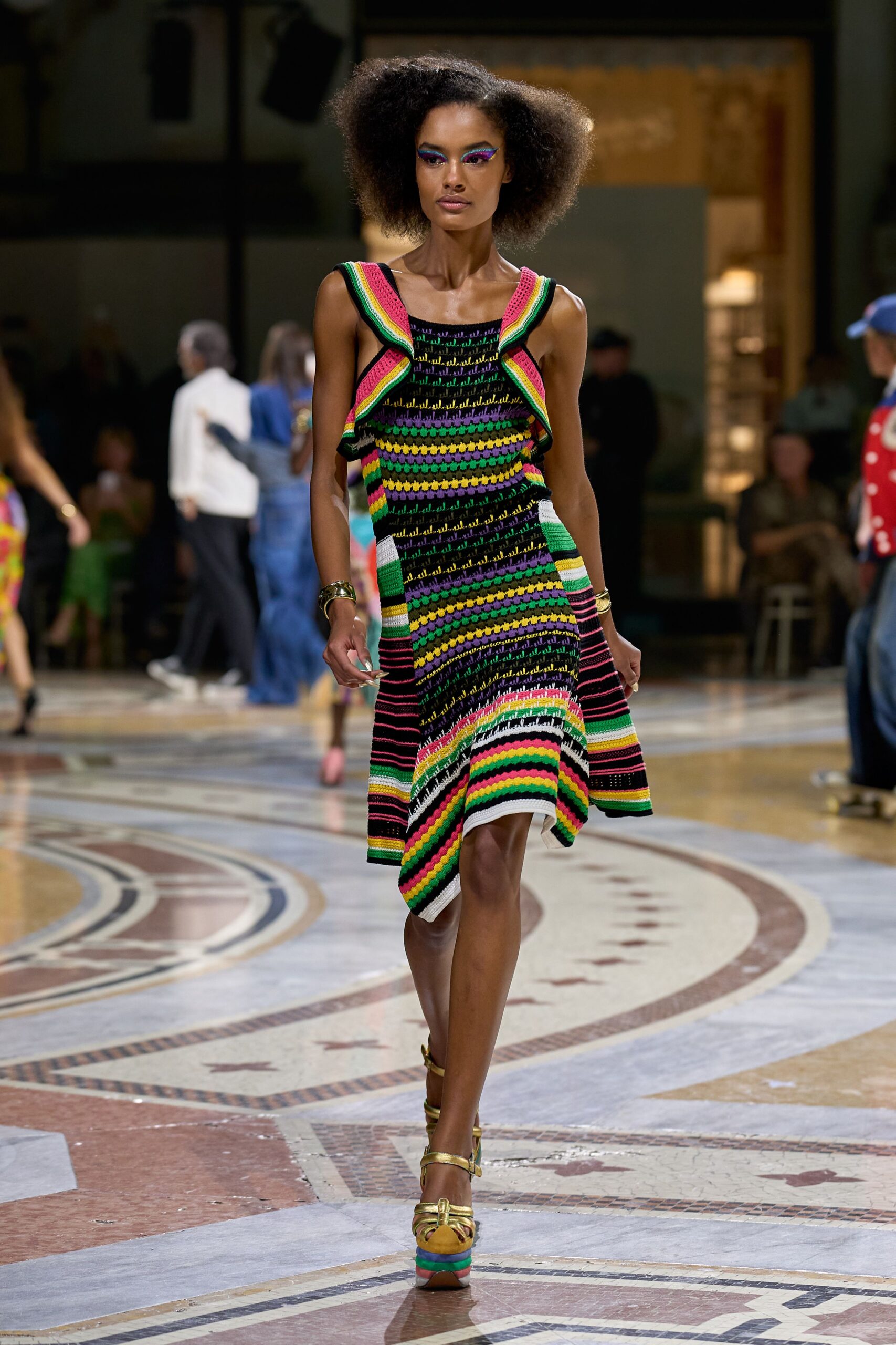 multicolor crochet ruffle midi dress