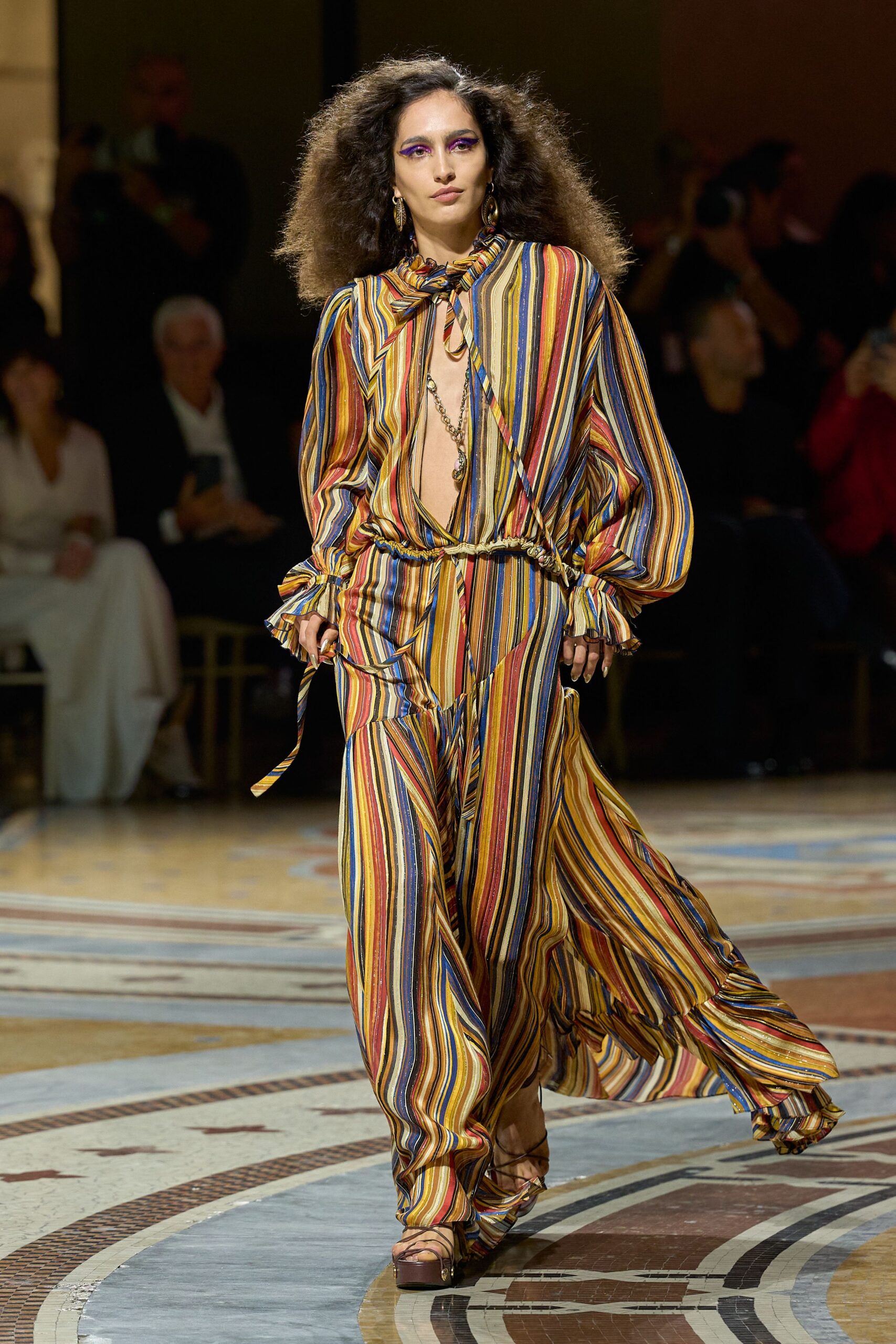 striped silk scarf-neck jumpsuit