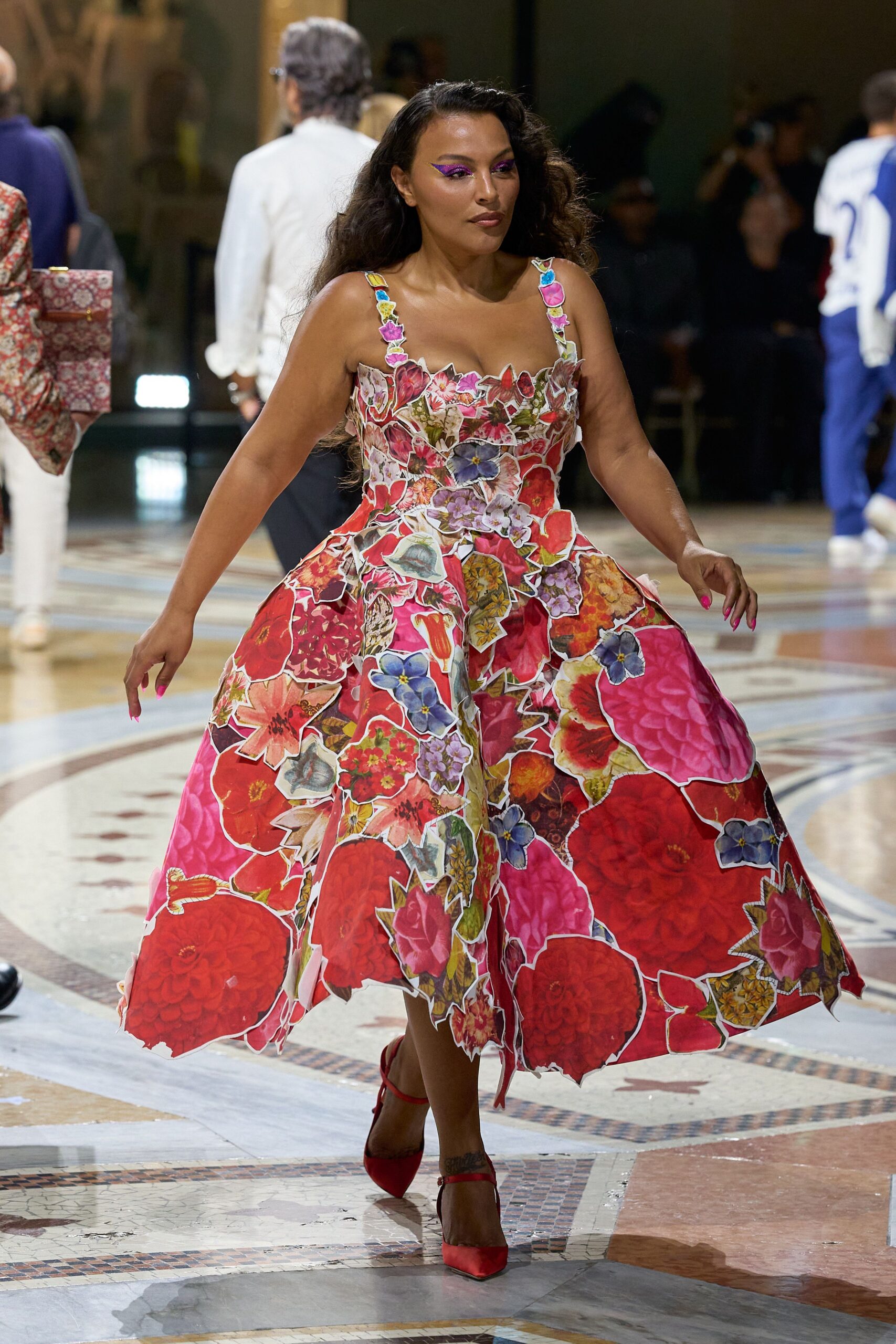 collage floral sweetheart midi dress